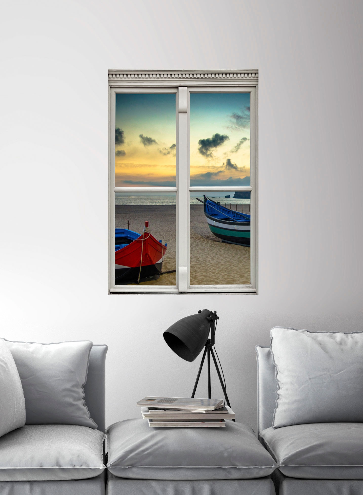 queence Autocollants muraux »Boote am Strand« Wandsticker, Wandbild, selbstklebend, 3D, Fenster