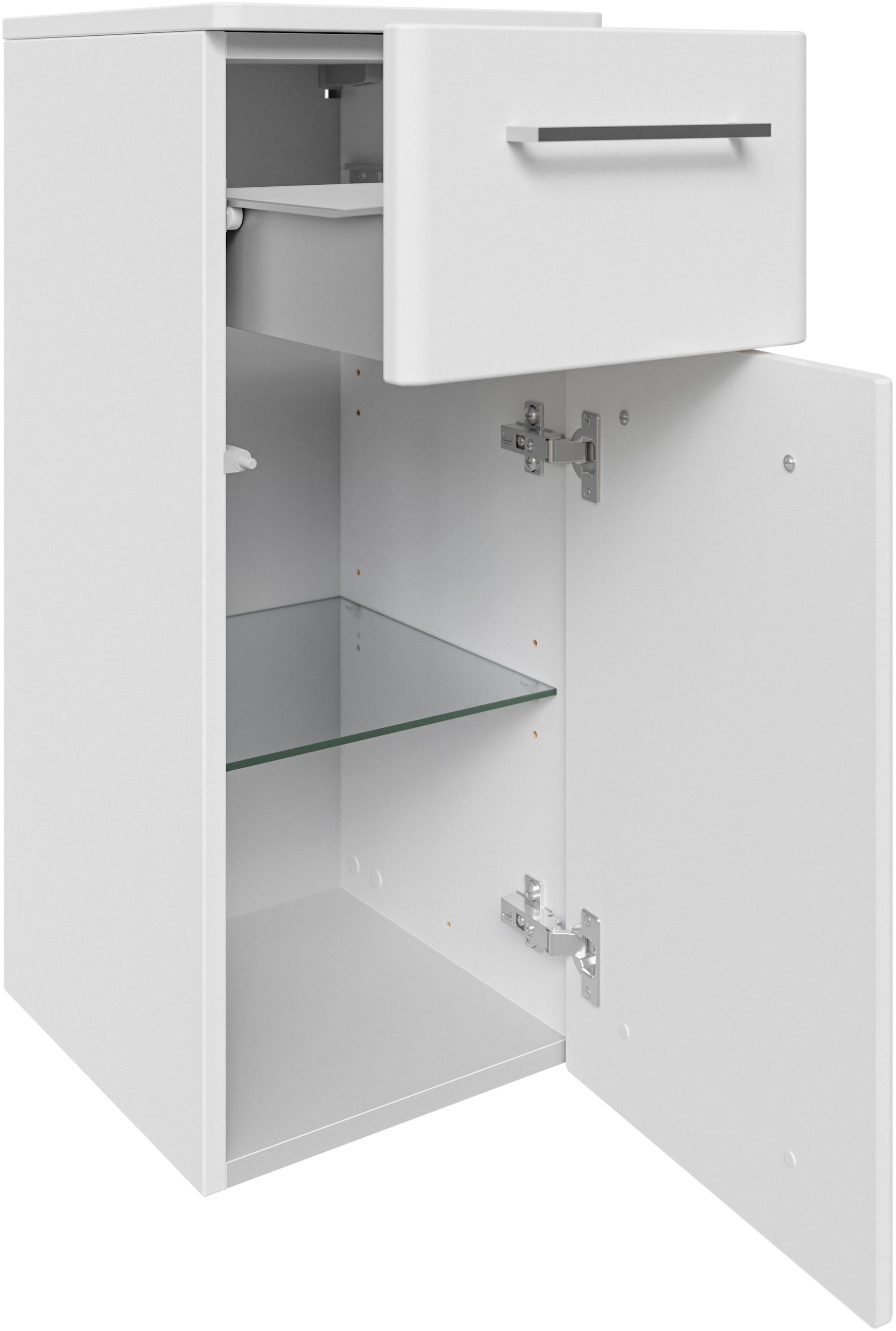 Saphir Armoire basse »Quickset 316 Badschrank 1 Tür, 1 Schublade, 30cm breit, Weiss Hochglanz« meuble bas de salle de bain incl. amortisseur de porte, poignées chromées brillantes