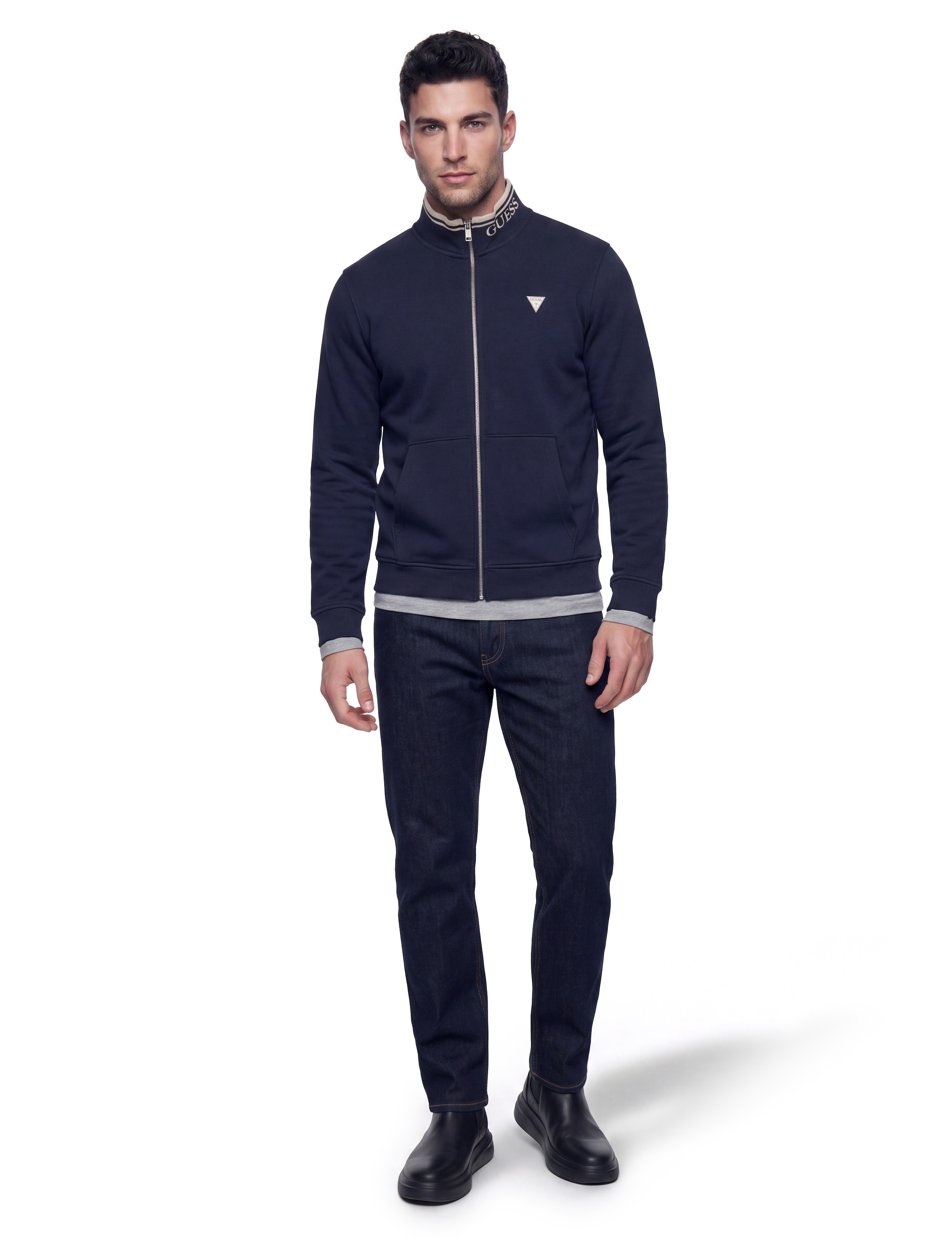 Guess Veste sweat »FULL ZIP-UP TRUCKER« col montant avec inscription GUESS, poche kangourou