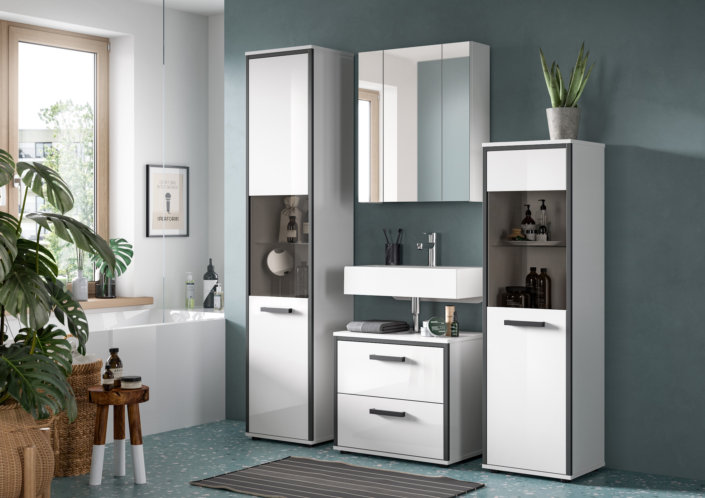 welltime Badmöbel-Set »KAJO, 3-tlg. Badkombination, weiss hochglanz« Set, Set, best. aus:1Hochschrank,1Spiegelschrank,1Waschbeckenunterschrank, 3 Stk. tlg.