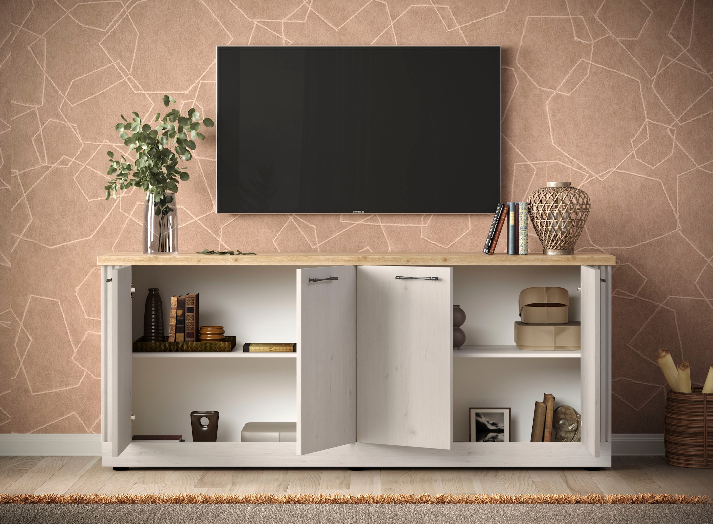 GOODproduct Sideboard »Country Breite 211 cm, Kommode mit 4 Türen, Anrichte im« Landhausstil, viel Stauraum, mit Metallgriffe, MDF Rahmen