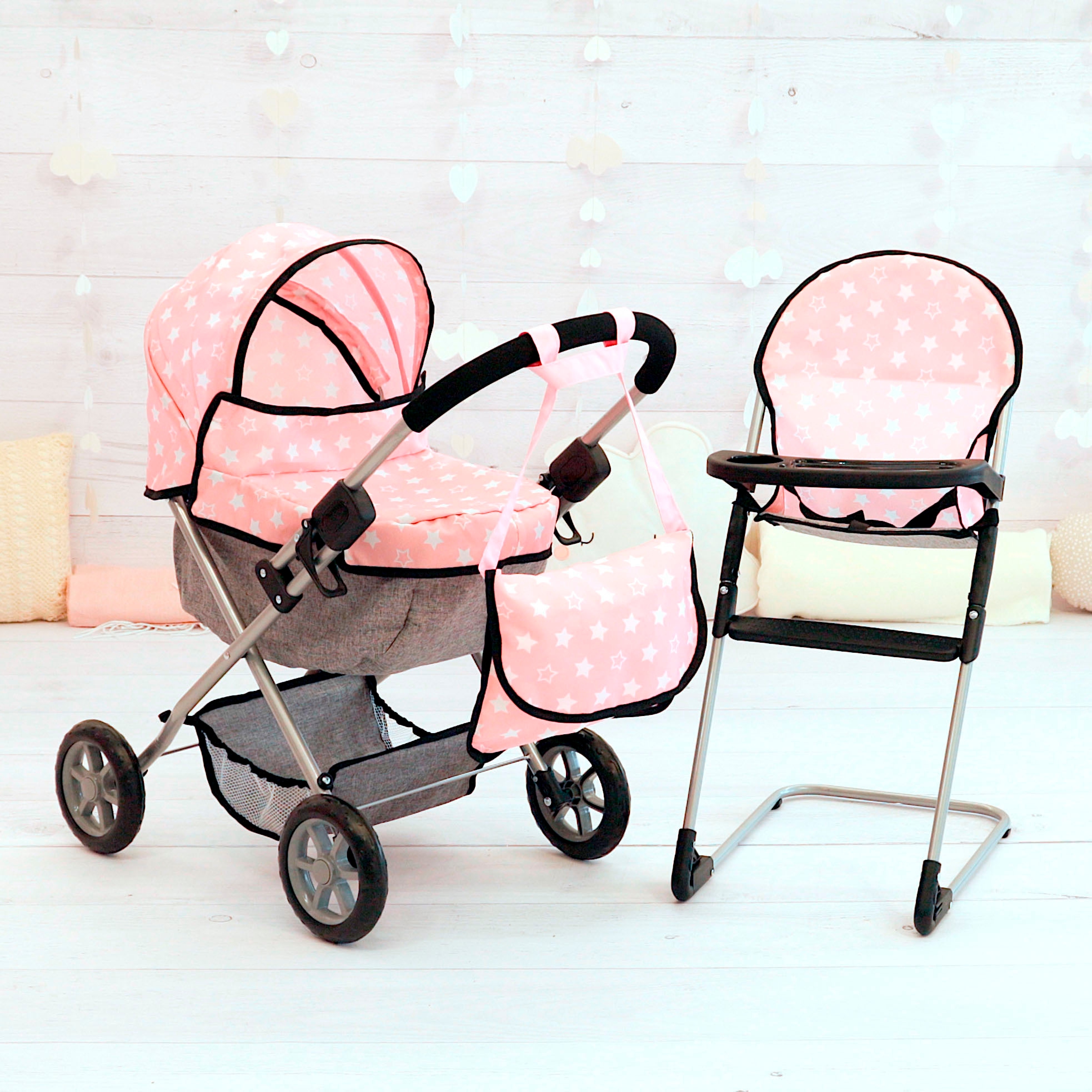 Bayer Puppenwagen »Cosy Set, rosa« mit Puppenhochstuhl und Wickeltasche