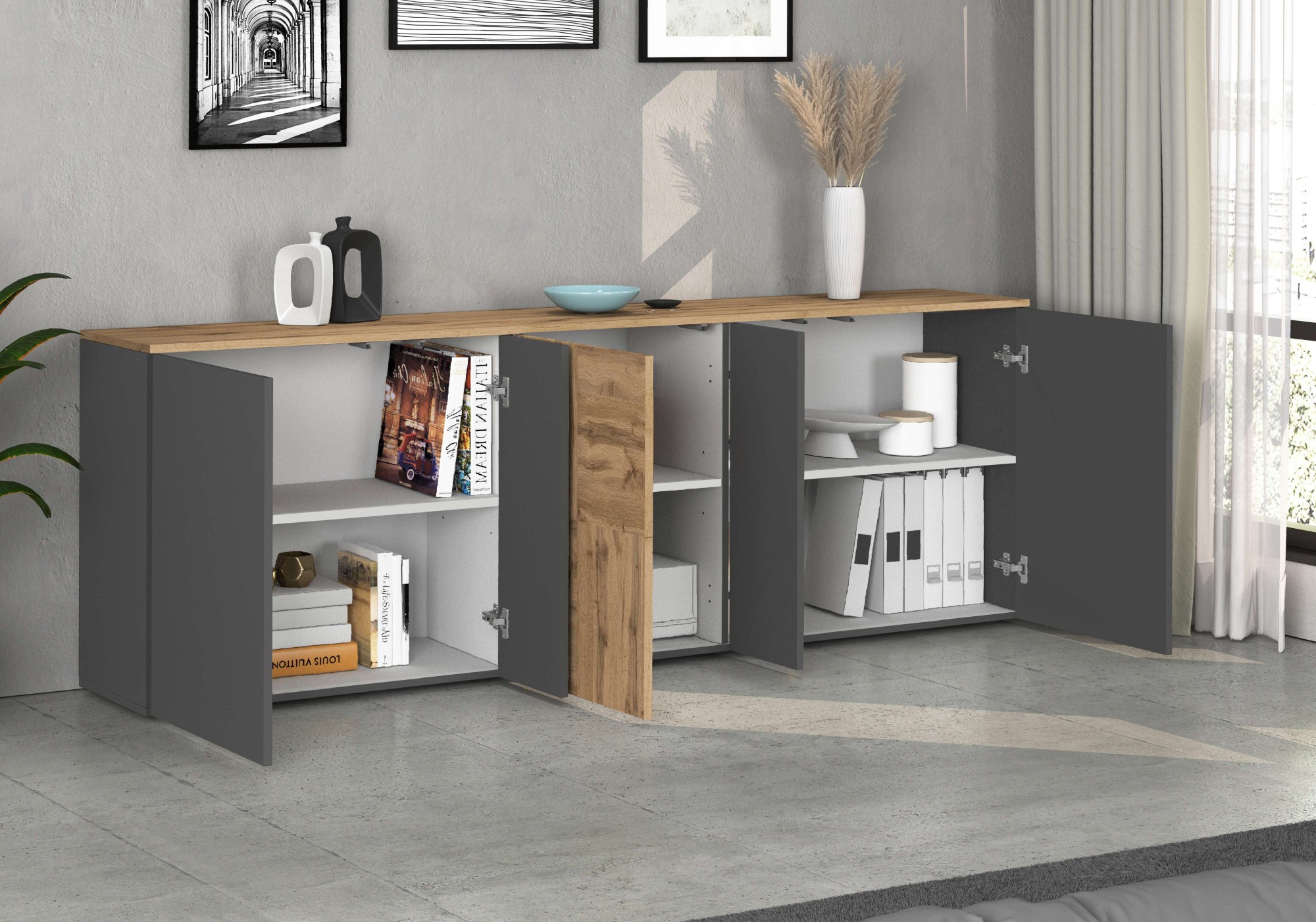 GOODproduct Sideboard »ISEO, Kommode, Schrank, Sideboard, Lowboard, 6 Fächer, Breite 200 cm« 1 cuis tlg. stehend/hängend, 5 Türen, 6 Fächer, Breite 200 cm