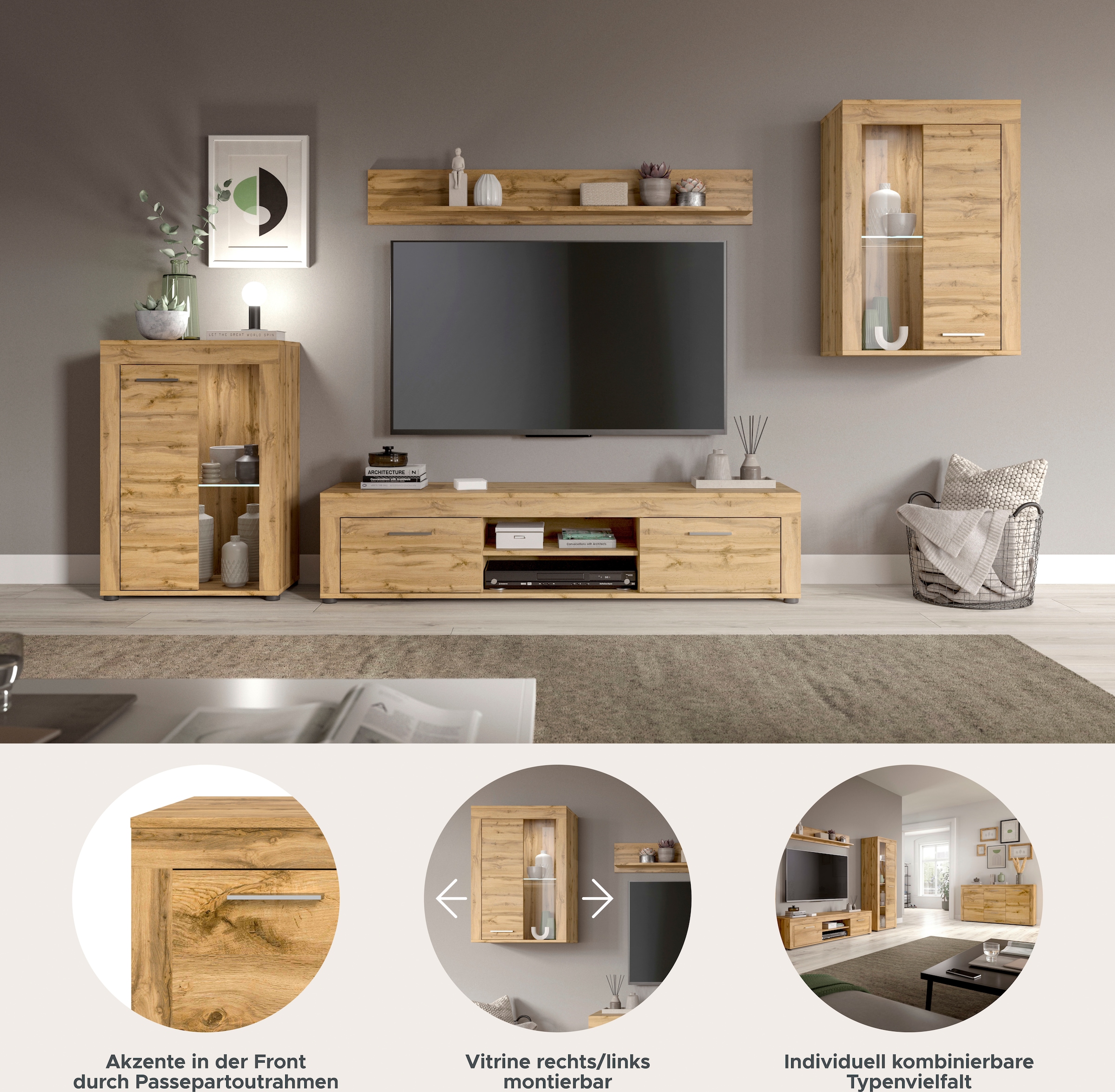 Home affaire Wohnwand »Aosta,  4-tlg., bestehend aus: 2x Vitrine, Lowboard & Wandboard« 4 Stk. tlg.