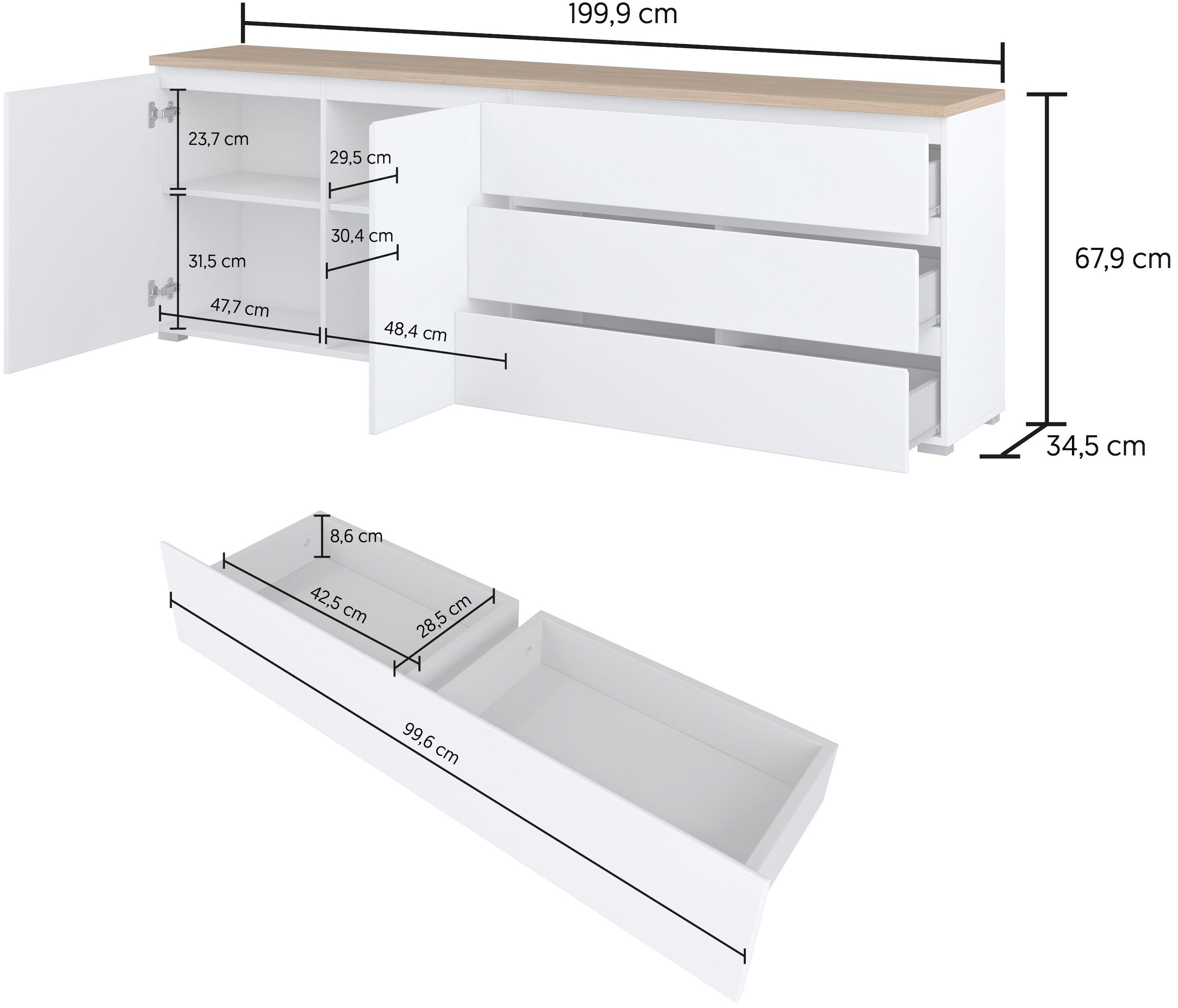 INOSIGN Sideboard »Modo, Breite 200 cm, moderne grifflose Kommode 2Türen/3 SK« Schubladenkommode mit viel Stauraum, Einlegeböden verstellbar
