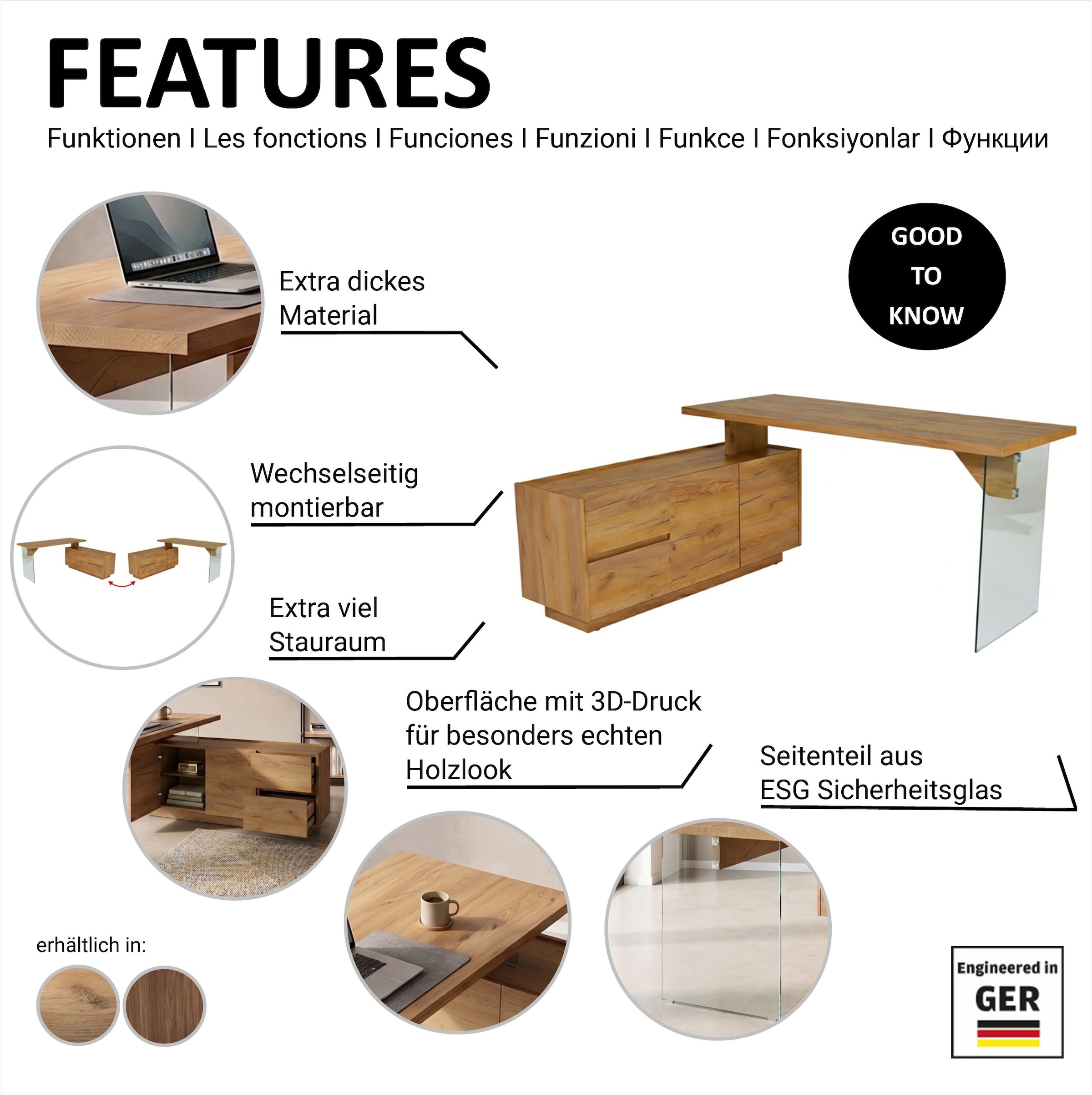 Jahnke Bureau d'angle »LUX C 160 E« bureau d'angle, montable des deux côtés, verre, 2 compartiments + 2 tiroirs