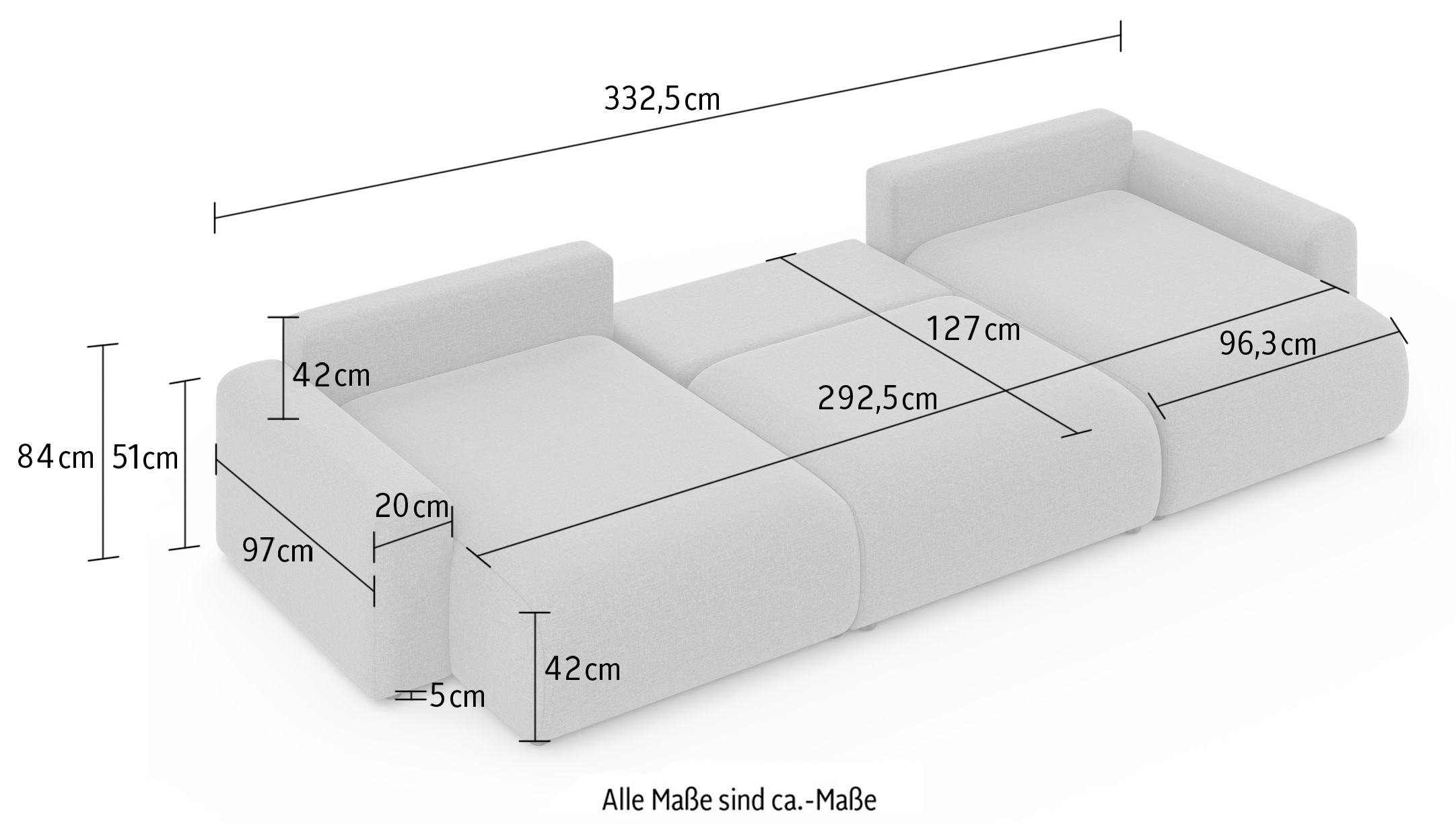 Home affaire Paysage de salon »LAKESIDE mit Bettfunktion und Bettkasten, Masse B/T/H: 332,5/142/84 cm« U‑Form mit vielen Kissen und Wellenunterfederung