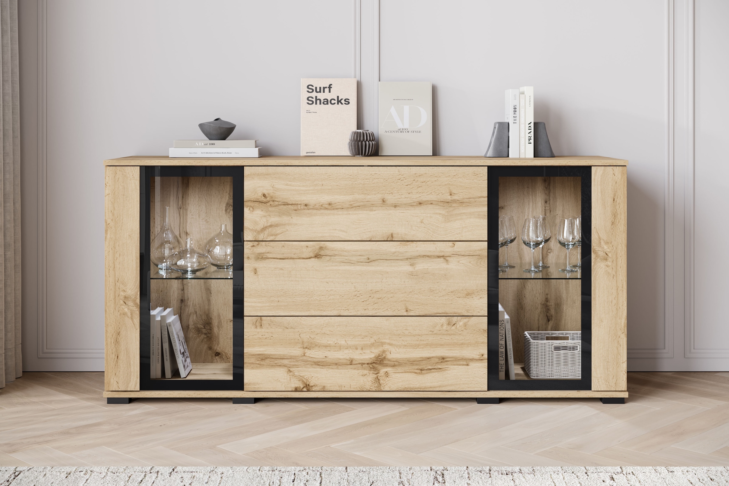 Home affaire Buffet »modernes Design mit Glaseinsätzen und 3 Schubladen, Breite 150 cm« 1 cuis tlg. façades sans poignées avec push-to-open, étagères réglables en hauteur,