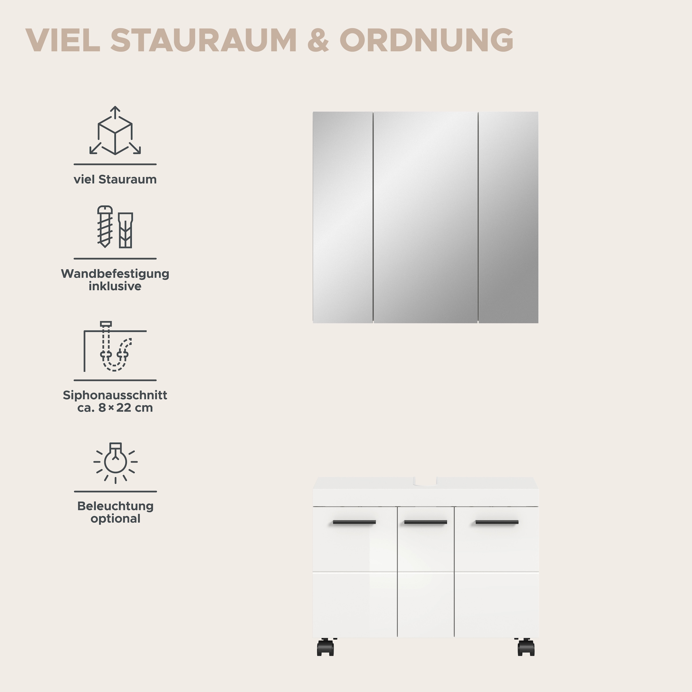 welltime Ensemble de meubles de salle de bain »AVON, Breite 82 cm, 2-teilige moderne Badkombination, auf Rollen« bestehend aus: Waschbeckenunterschrank & Spiegelschrank, 2 cuis tlg.