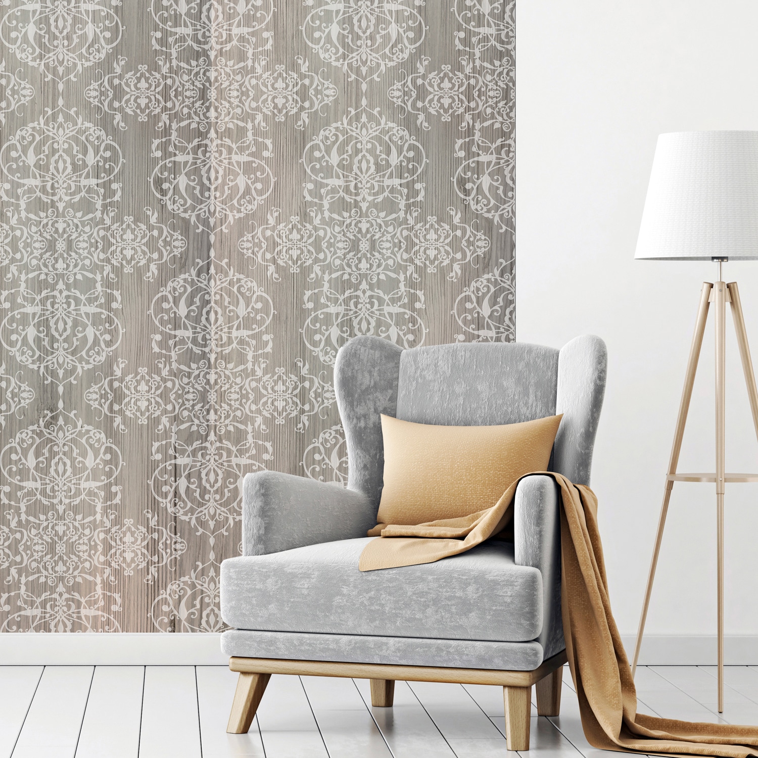 queence Vinyltapete »Muster-Grau-Braun« Antikoptik | Barock | Holz | Kunst | bedruckt glatt 90x250cm, selbstklebend, kinderleichte Anbringung, , Sticker