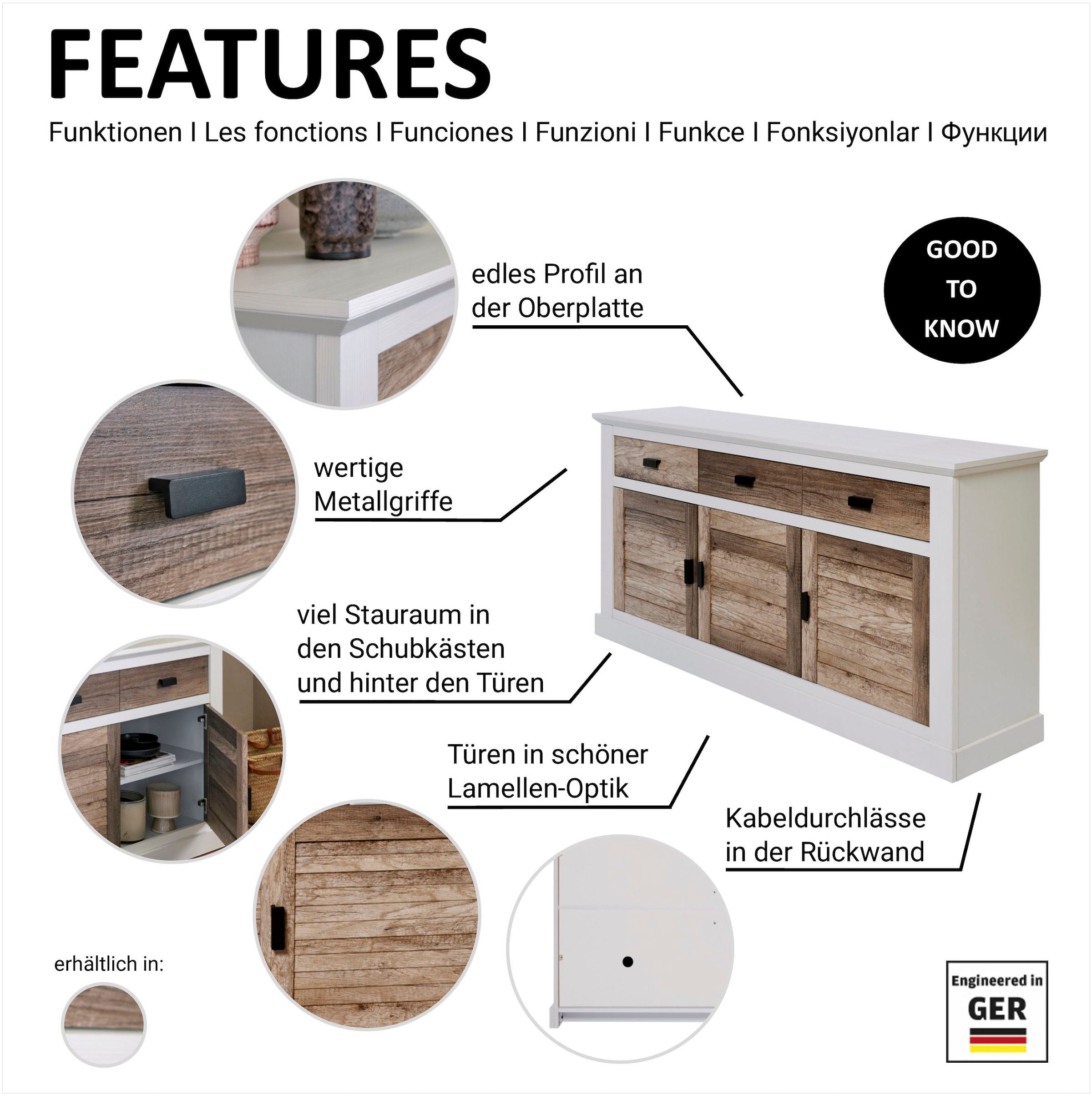 Jahnke Sideboard »HAMPTON SB 160« 1 Stk. tlg. Sideboard, Landhausstil, 3 Schubladen und 3 Türen, Breite ca. 160 cm