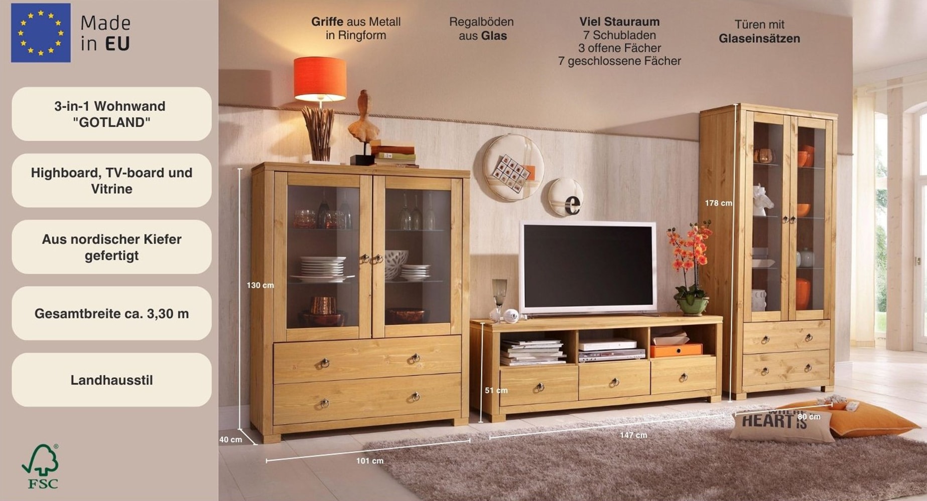 GOODproduct Wohnwand »Gotland« Set, 3 Stk. tlg.