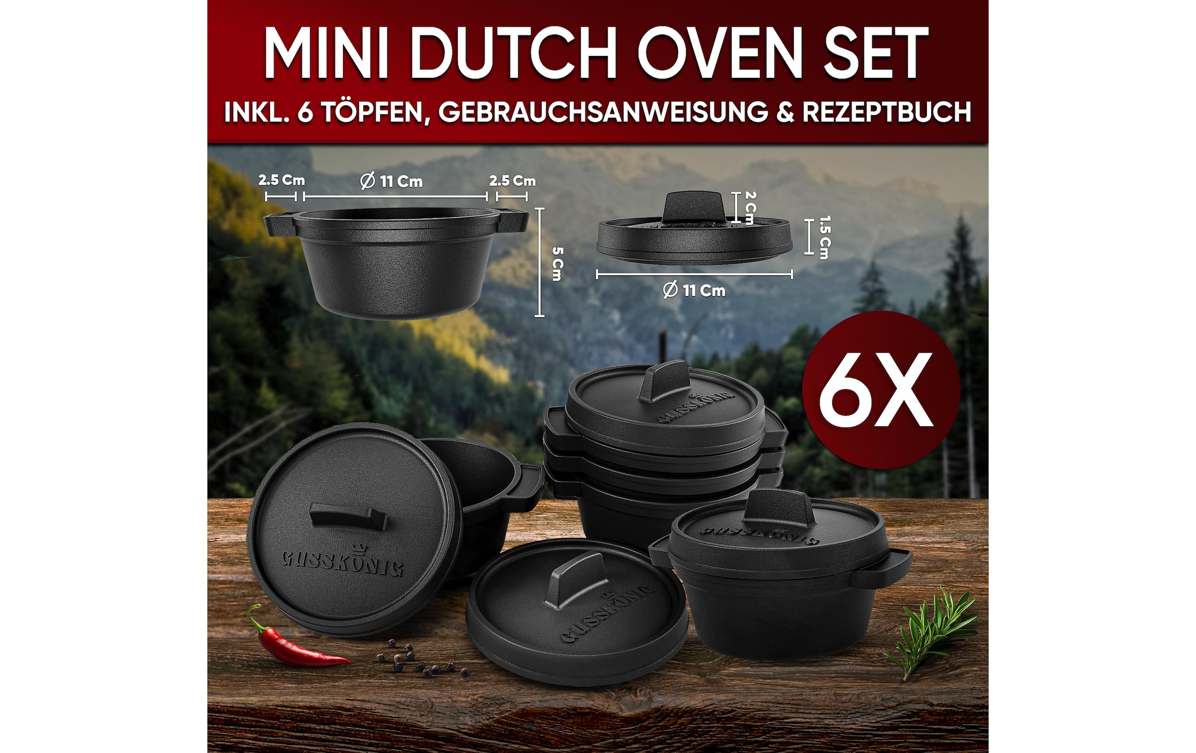   Grilltopf »Gusskoenig Mini Dutch Set 6 Töpfe, Rezeptbuch« Gusseisen