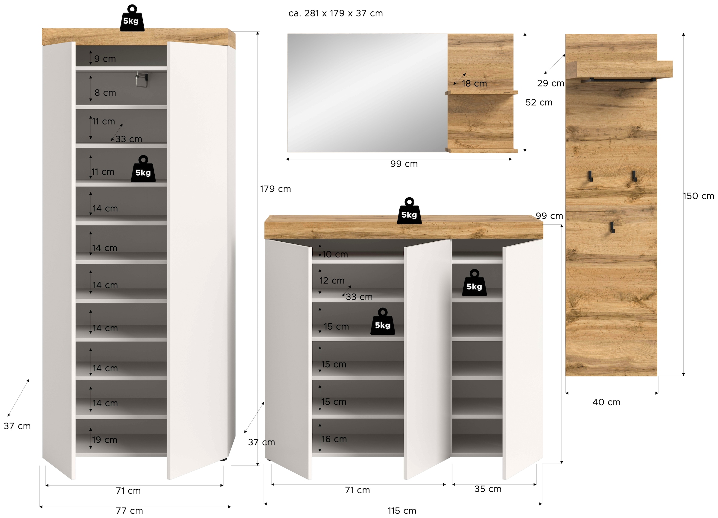 GOODproduct Garderoben-Set »MAMBO, 4-teilige Kombination, stehend & hängend montierbar« bestehend aus: Garderobenschrank, Kommode, Spiegel, Garderobenpaneel, 4 Stk. tlg.