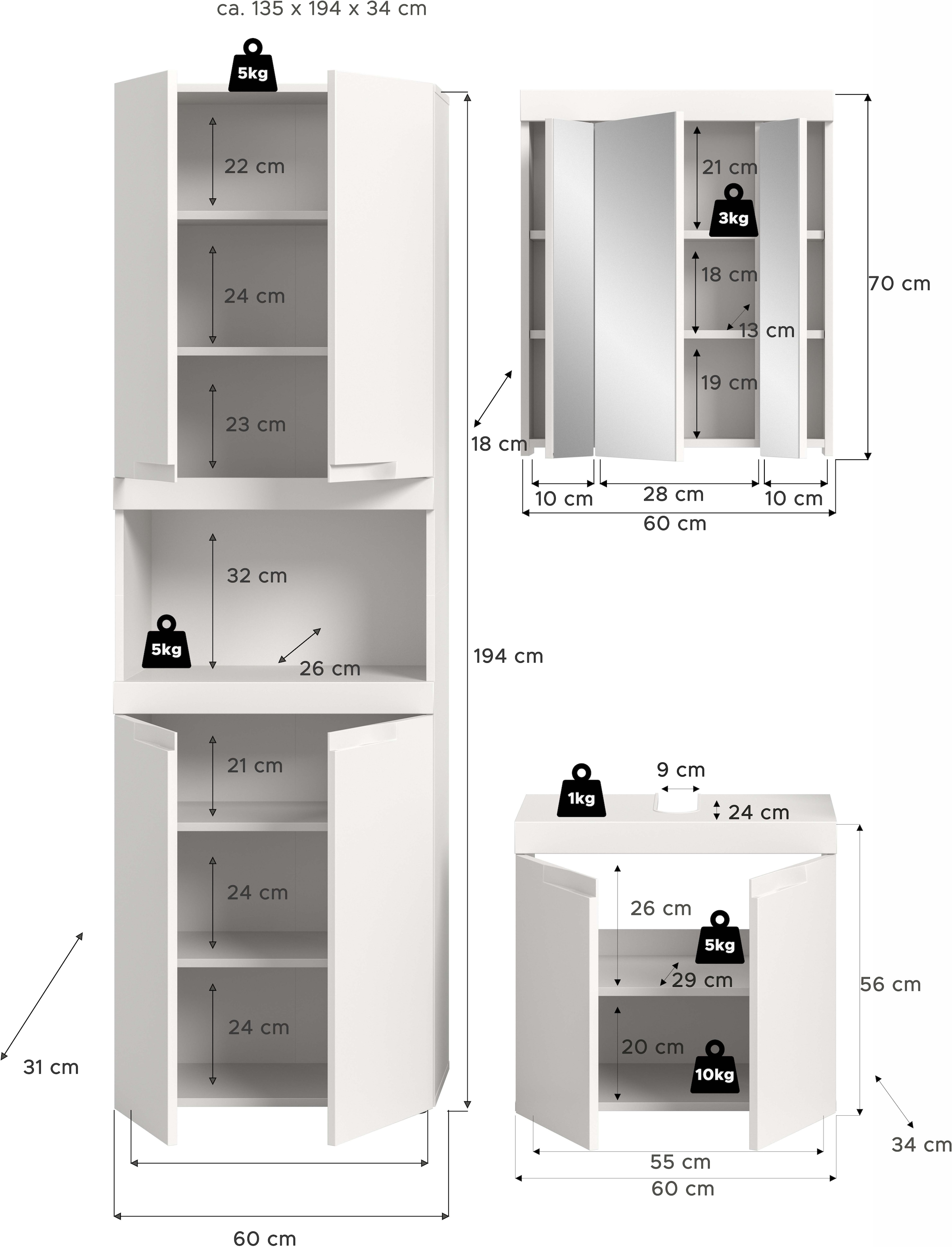 GOODproduct Badmöbel-Set »MAOI, 3-tlg. Badkombi, hochwertige MDF Front, optional mit Beleuchtung«
