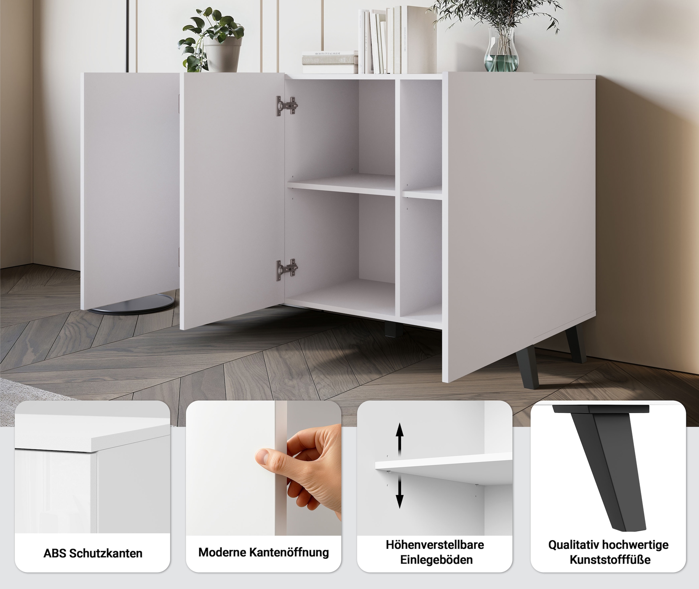 Home affaire Buffet »SIDEBOARD PHUKET II, Stilvolle, grifflose Kommode, Breite 120cm« 1 cuis tlg. avec 6 compartiments et étagères réglables en hauteur