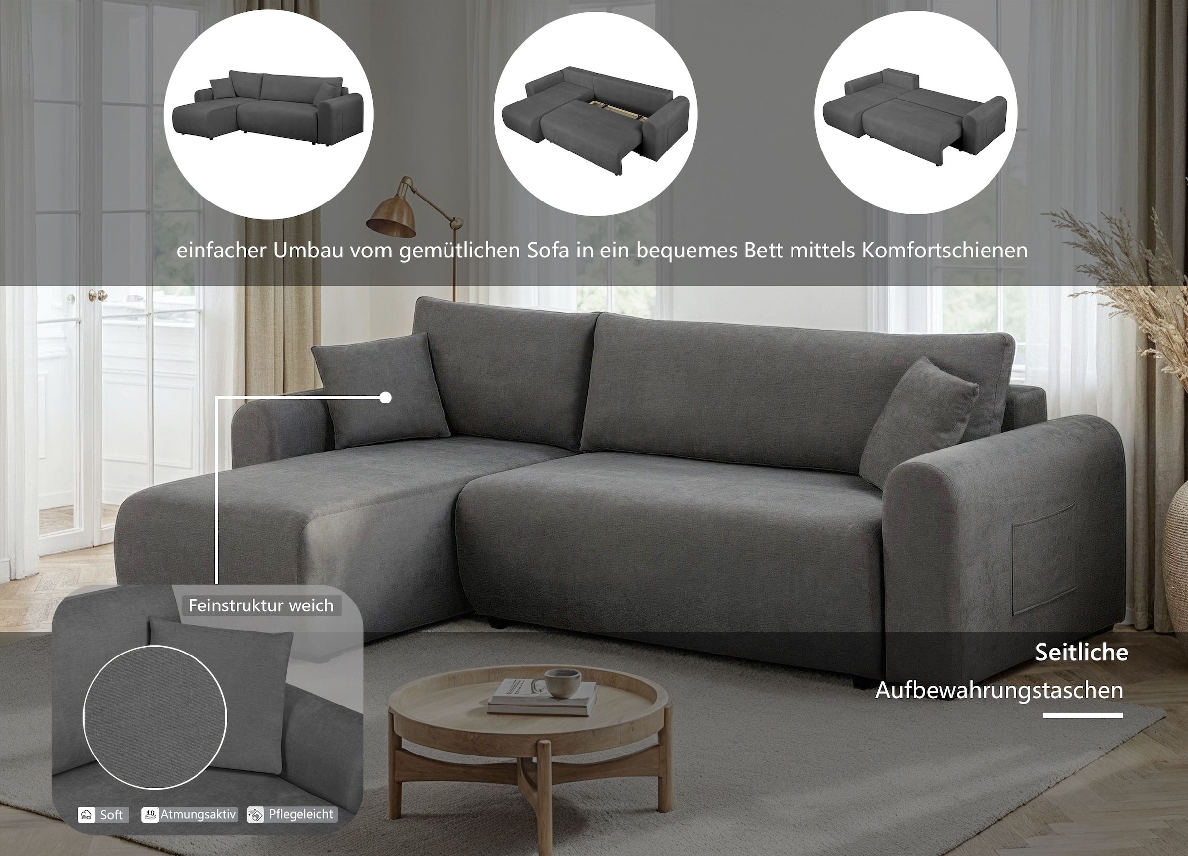 GOODproduct Ecksofa »JONAA L-Form, 241cm - OTTO. Verlässliche Qualität.« 133/200cm, Recamiere links/rechts, Bettkasten, Cord u. Struktur