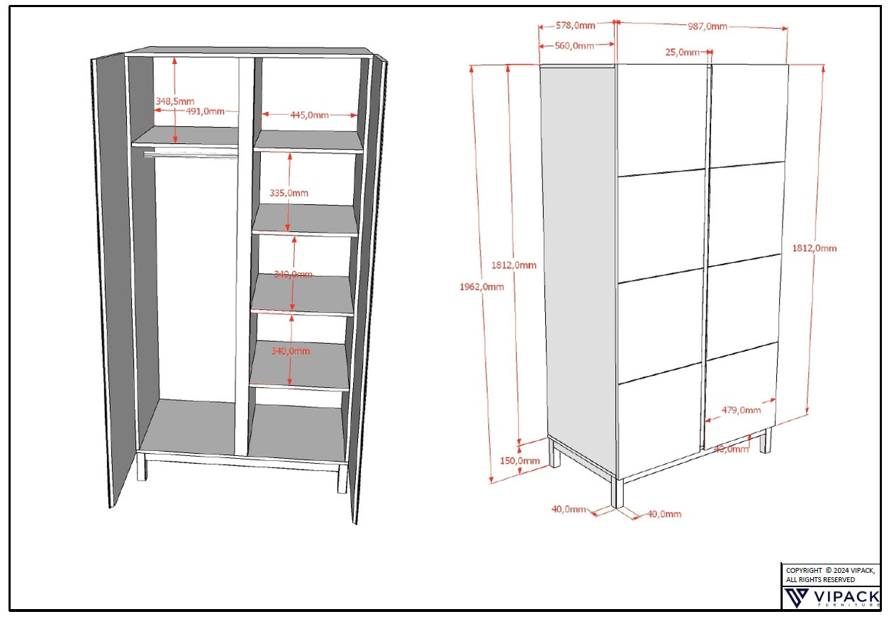 Vipack Set de chambre d'adolescent »Set best. aus Einzelbett 90/200, Nachtkonsole, Kleiderschrank 2-trg.« 3 cuis tlg. design épuré, surface laquée facile d'entretien en blanc