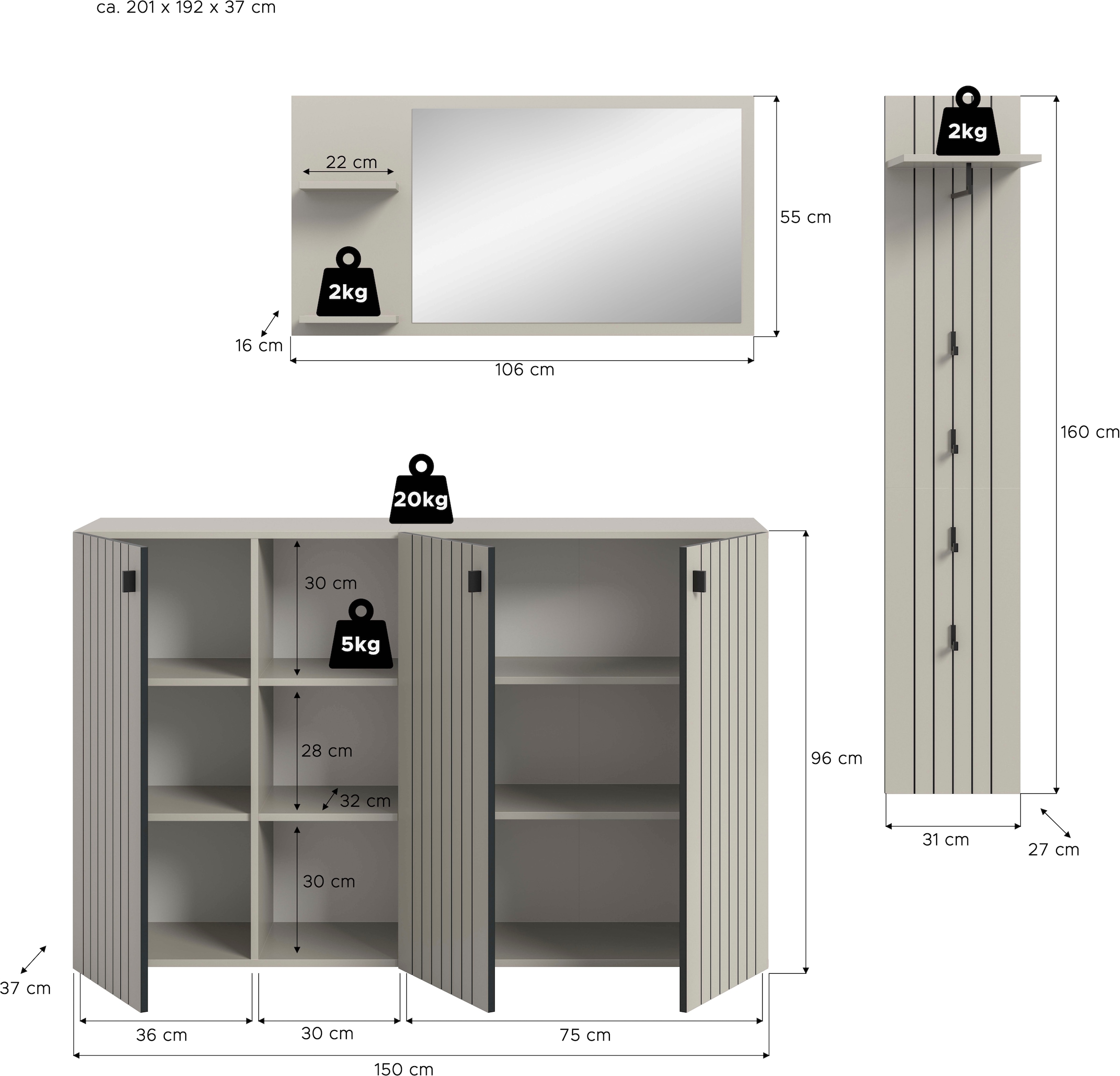 Home affaire Ensemble de vestiaires »TATIO, 3-tlg. Garderobenkombination, Breite: 201 cm, Rillenfräsung« Set, Set, best. aus: 1 Spiegel, 1 Garderobenpaneel, 1 Schuhkommode, 3 cuis tlg.