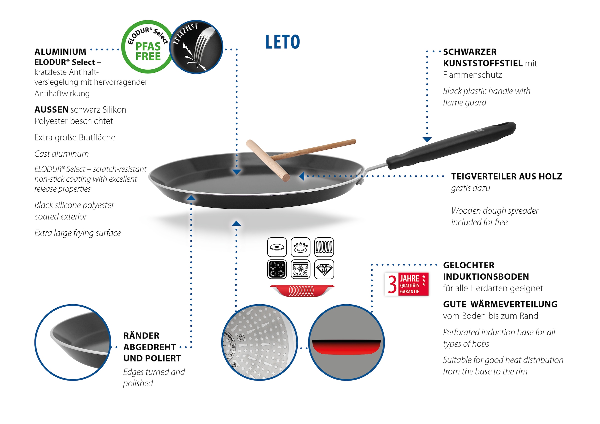 Elo Basic Crêpepfanne »Leto, Crepepfanne + Teigverteiler« Aluminium 1 Stk. tlg. Pfanne inklusive Teigverteiler