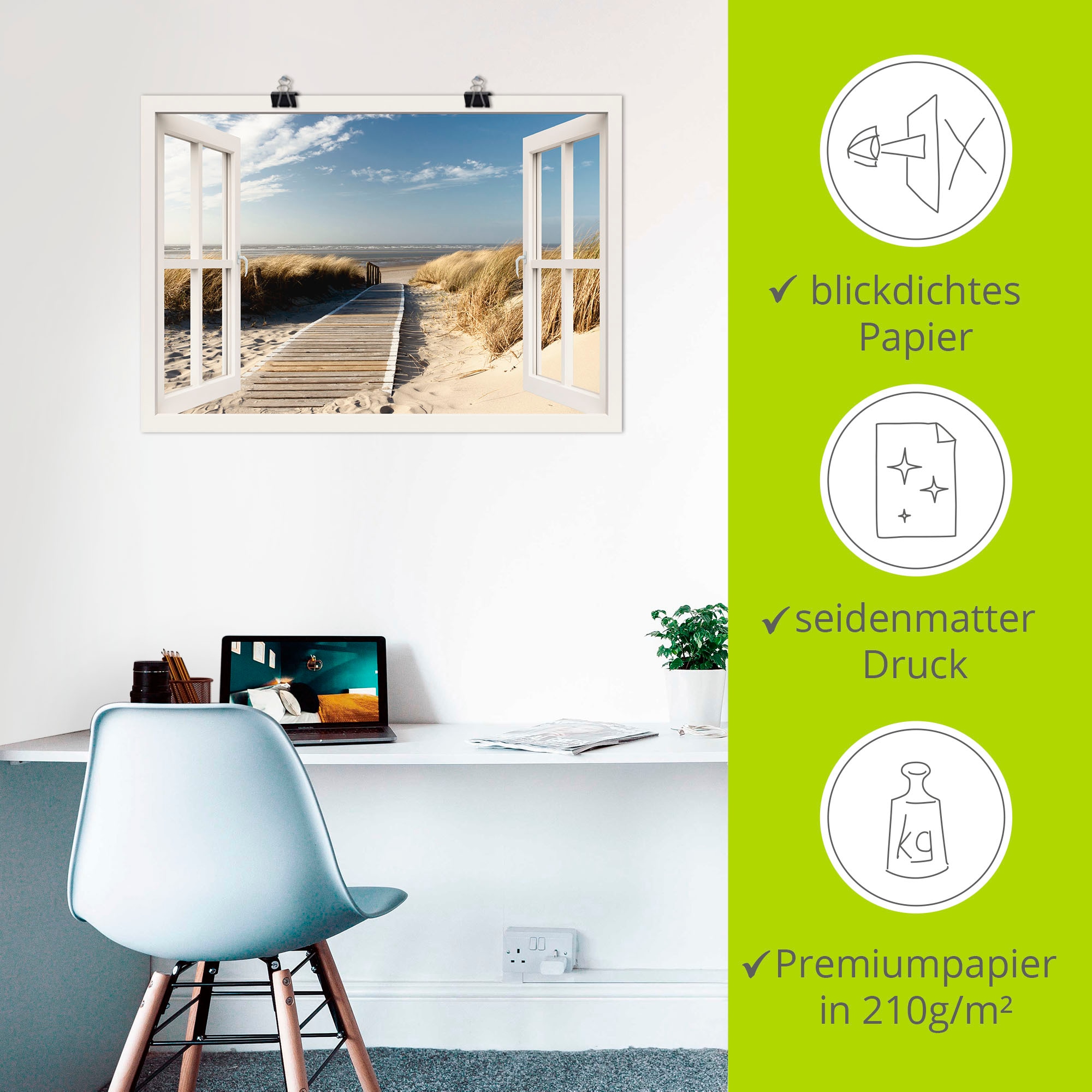 Artland Fresque murale »Fensterblick Nordseestrand auf Langeoog« 1 cuis tlg. als Leinwandbild, Poster, Wandaufkleber in verschied. Grössen