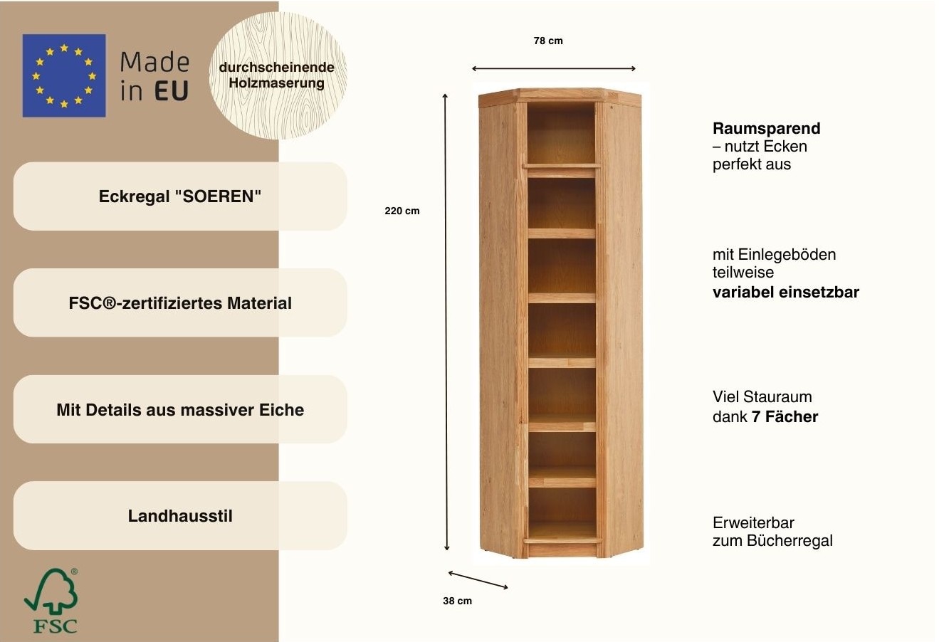 GOODproduct Étagère d'angle »Soeren Eiche Regal Höhe 220 cm, FSC®-zertifiziert« passend für Regale Soeren mit einer Tiefe von 29 cm