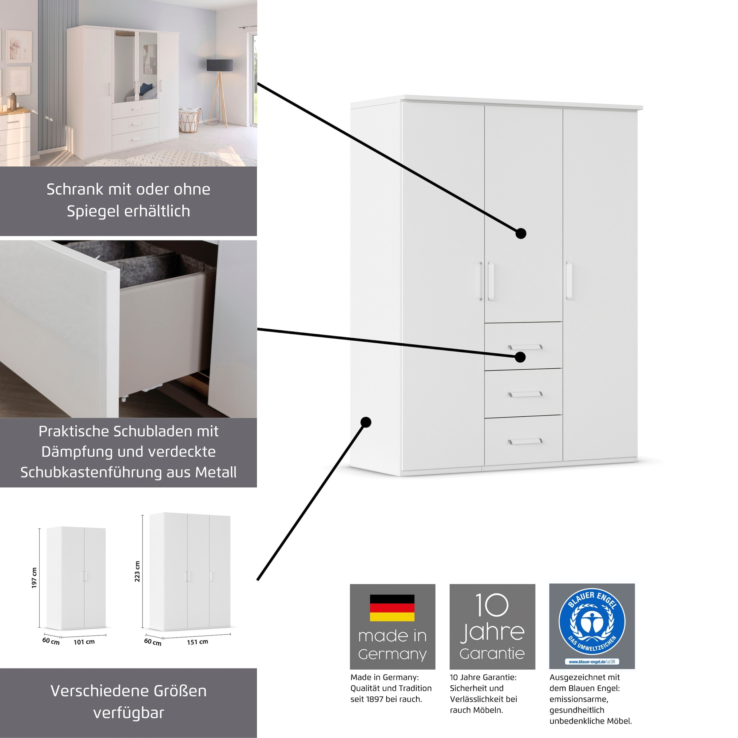 rauch Armoire à portes battantes »Kleiderschrank Schrank Garderobe Schlafzimmerschrank EVELYN« Disponible en 2 hauteurs 197 ou 210 cm, fonction SOFT-CLOSE incluse,  au style élégant, beaucoup de rangement 3 largeurs et 2 hauteurs MADE IN GERMANY