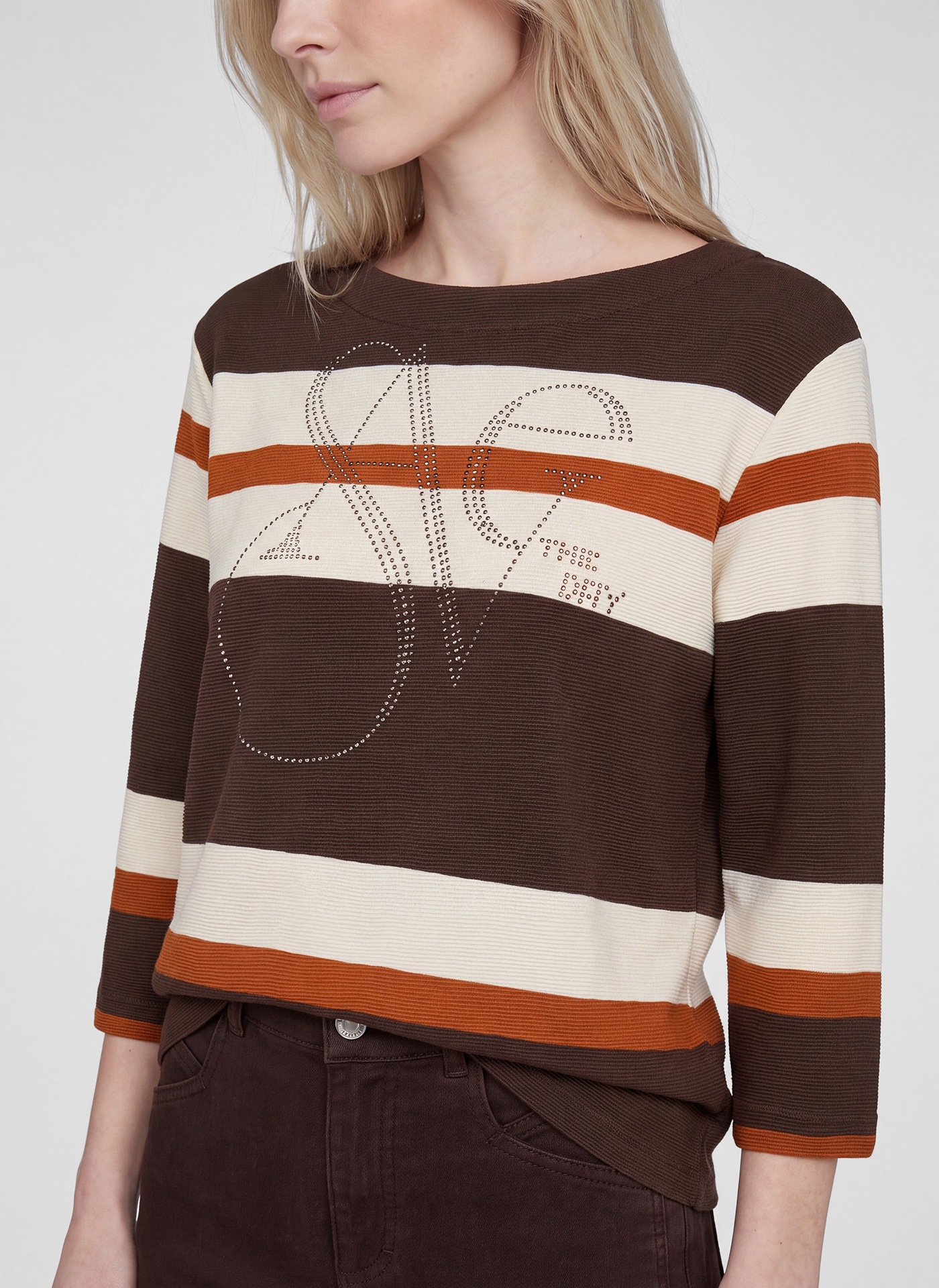 Rabe T-shirt à manches 3/4 avec motif à rayures et inscription scintillante