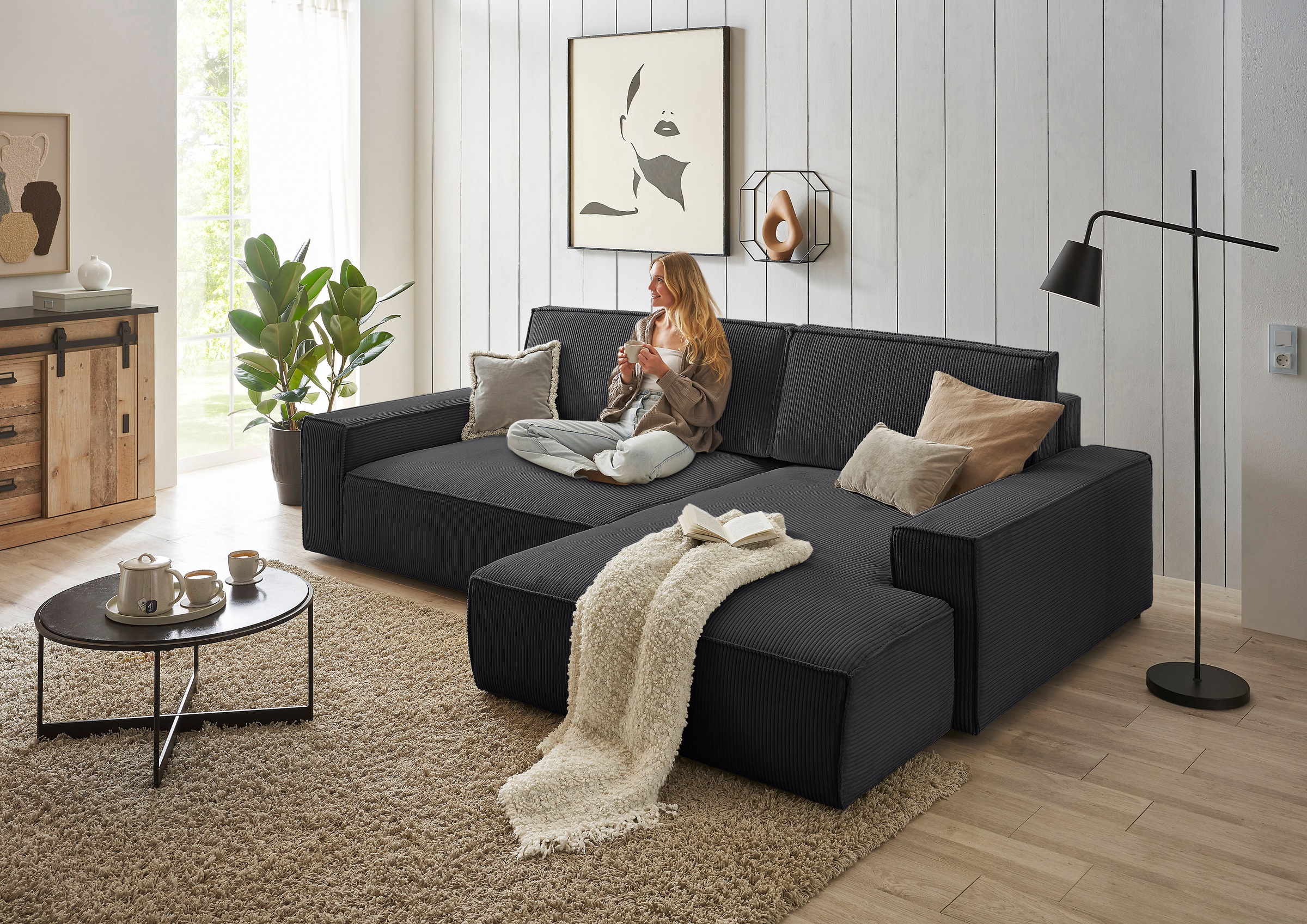 Home affaire Canapé d'angle »NEU: SHERWOOD XXL 284, Big-Sofa L-Form, tiefe Sitzfläche 95 cm, Cord« Recamiere rechts/links, als Schlafsofa stellbar, Cord u. Leinenoptik