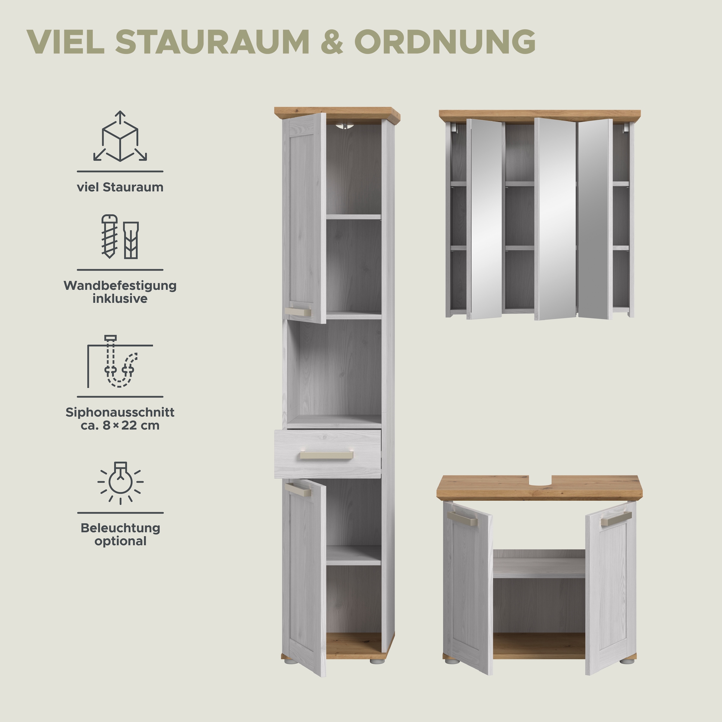 welltime Ensemble de meubles de salle de bain »COSENZA« best. aus: 1 Hochschrank, 1 Spiegelschrank, 1 Waschbeckenunterschrank, 3 cuis tlg.