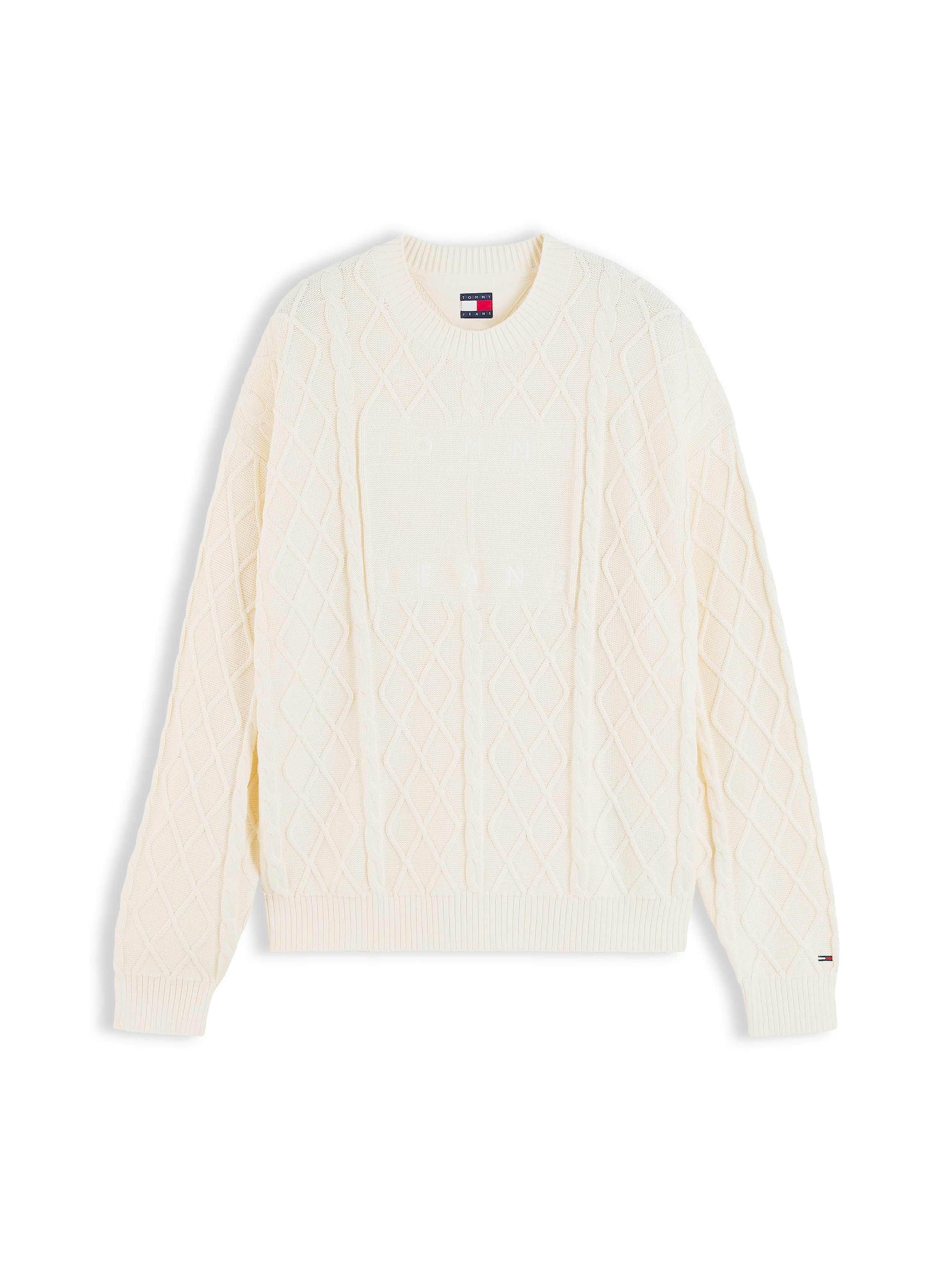 Tommy Jeans Pull à col rond »TJM RELAXED FLAG CABLE SWEATER« avec motif losange et torsades