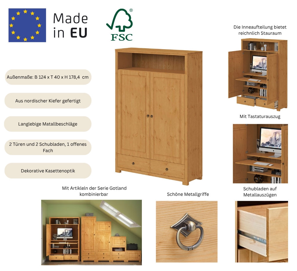 GOODproduct Wäscheschrank »Gotland! Home Office Schrank, Mehrzweckschrank, Büroschrank« H/B/T ca. 180/125/40cm,  mit Ausziehregal, Schublade, stabil + langlebig, Massivholz made in EU