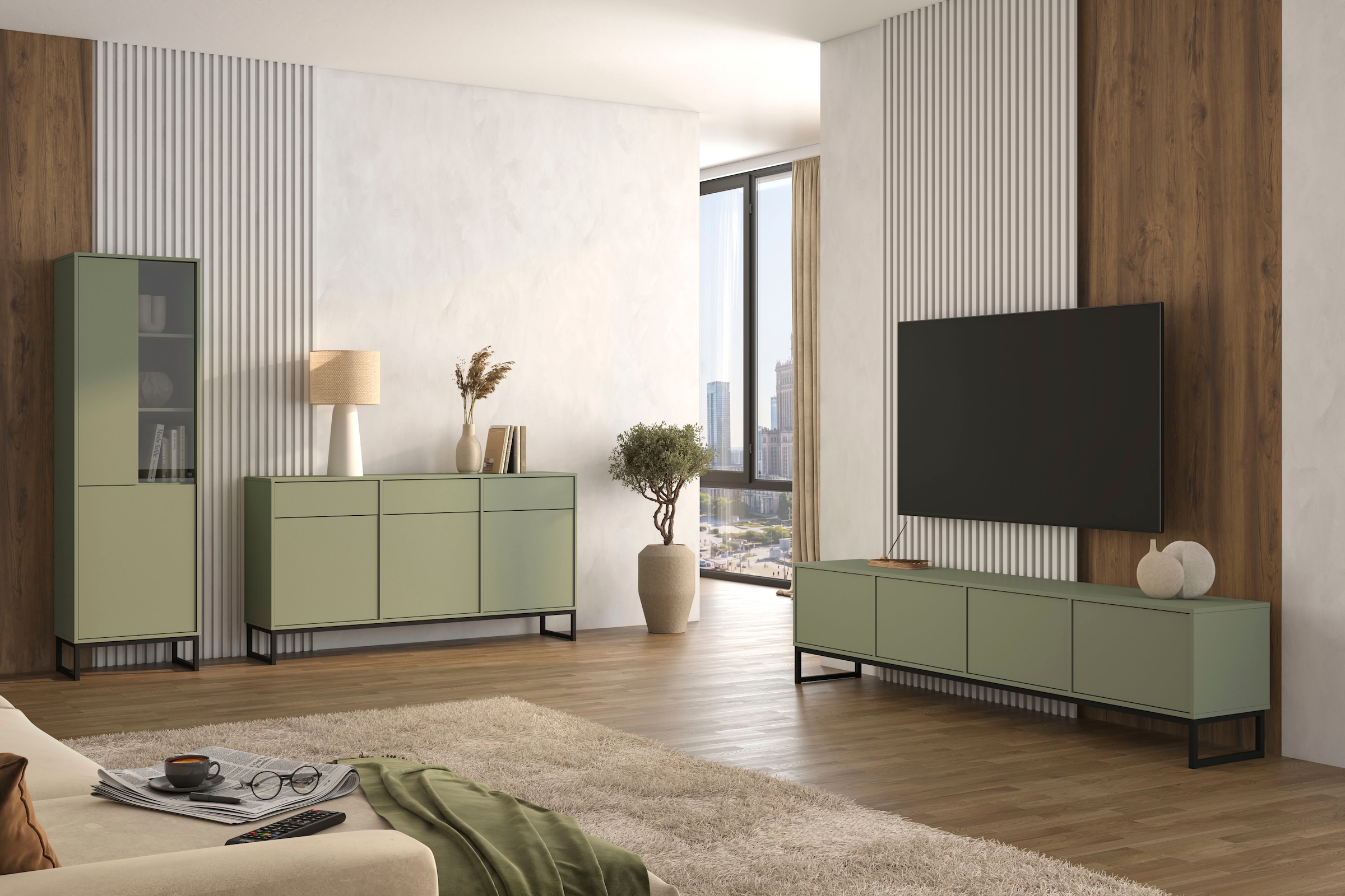 GOODproduct Buffet »Loft, Breite 157 cm, grifflose Kommode 3 Türen/3 Schubkästen.« commode à tiroirs avec beaucoup de rangement, étagères réglables