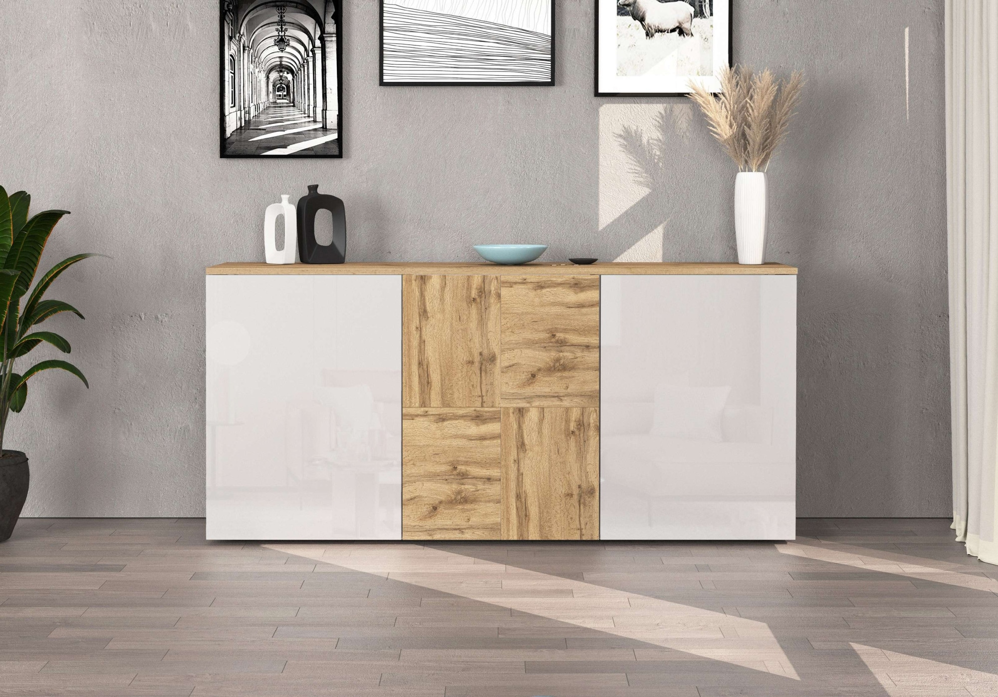 GOODproduct Sideboard »ISEO, Kommode, Schrank, Sideboard, Lowboard, 6 Fächer, Breite 150 cm« 1 Stk. tlg. stehend/hängend, 3 Türen Hochglanz lackiert, Made in Italy