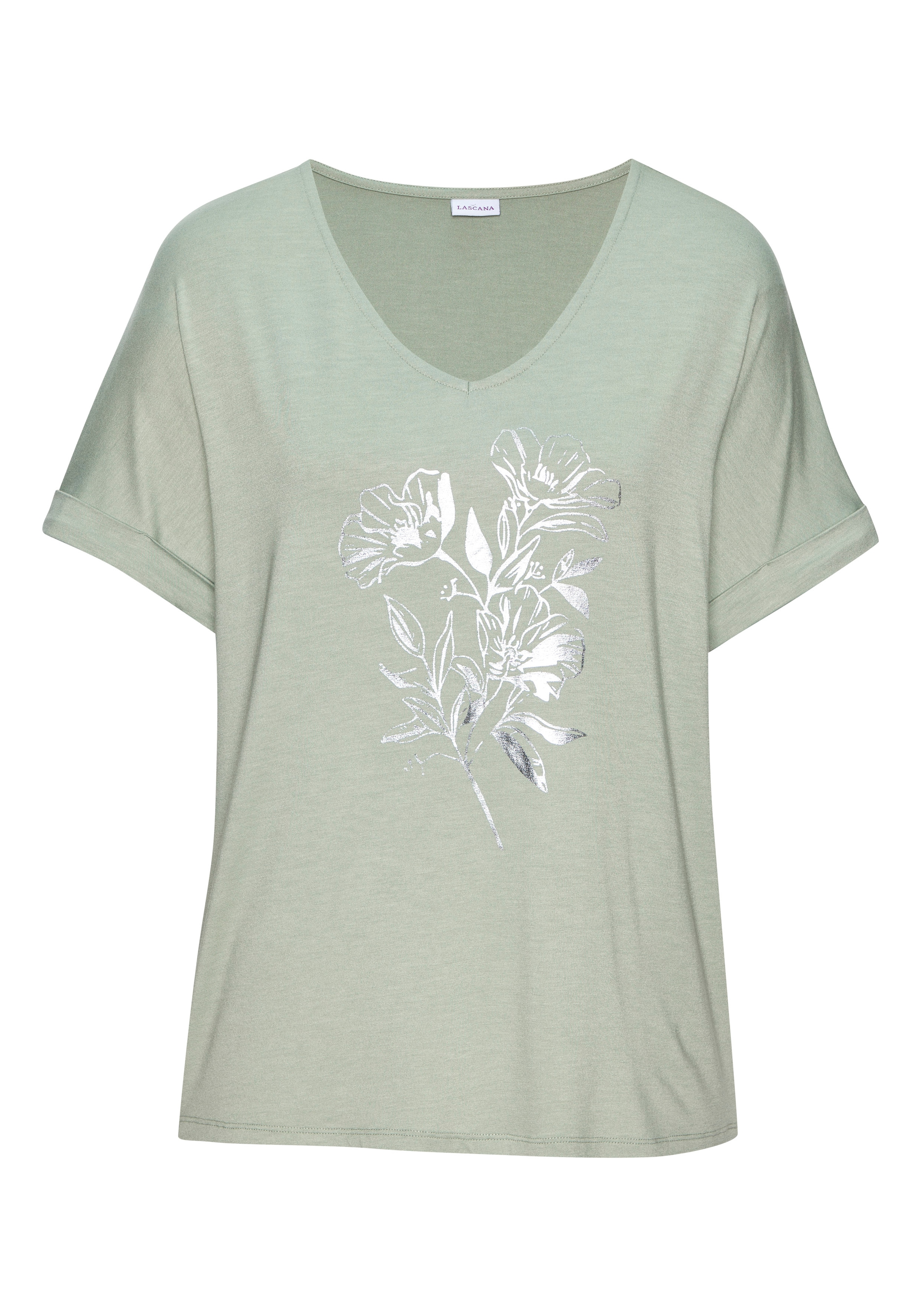 LASCANA Kurzarmshirt »mit schimmerndem Print« aus weichem Viskose-Stretch