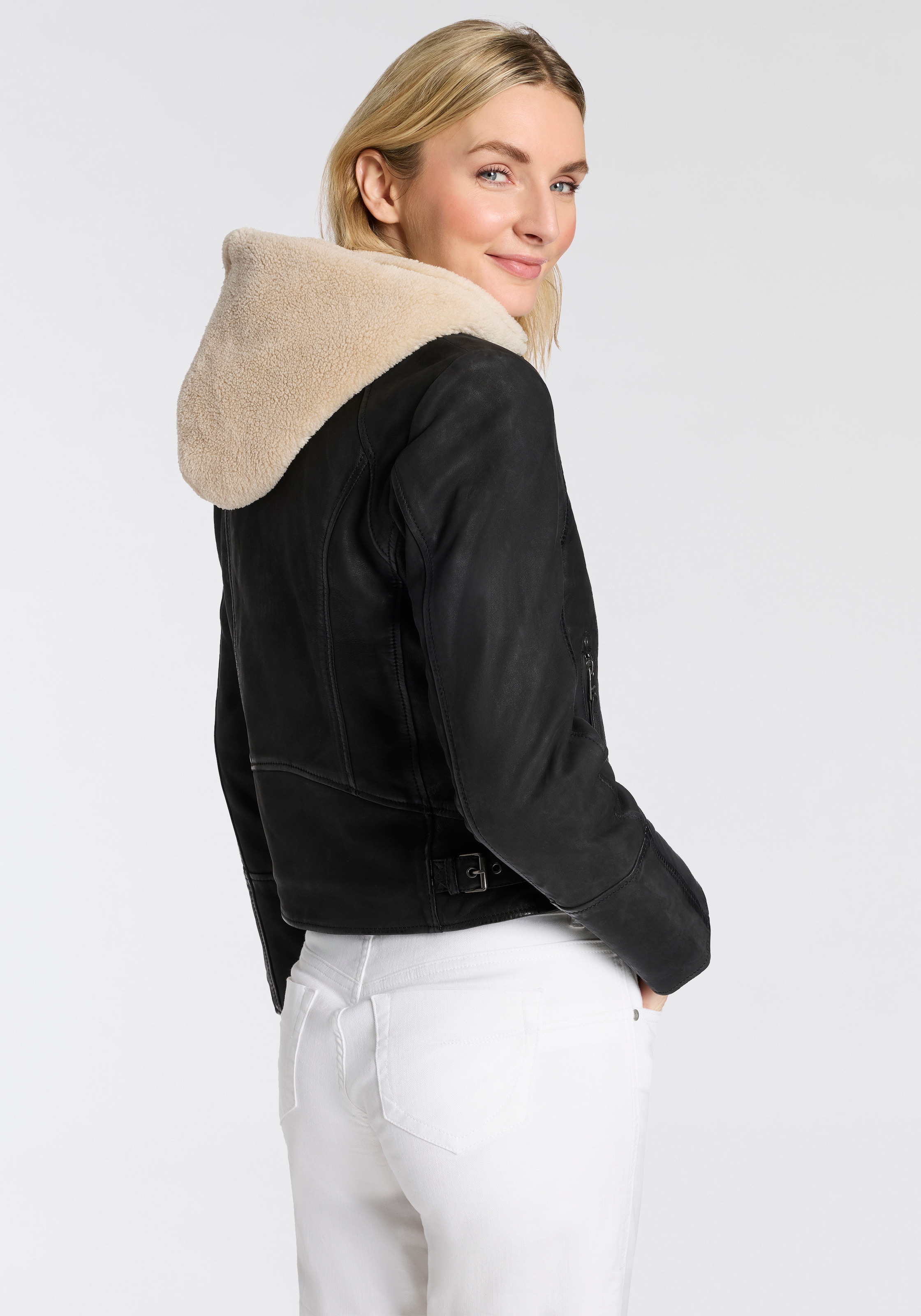 Mauritius Lederjacke »MWNedra« mit Kapuze mit abknöpfbarer Teddyplüsch-Kapuze