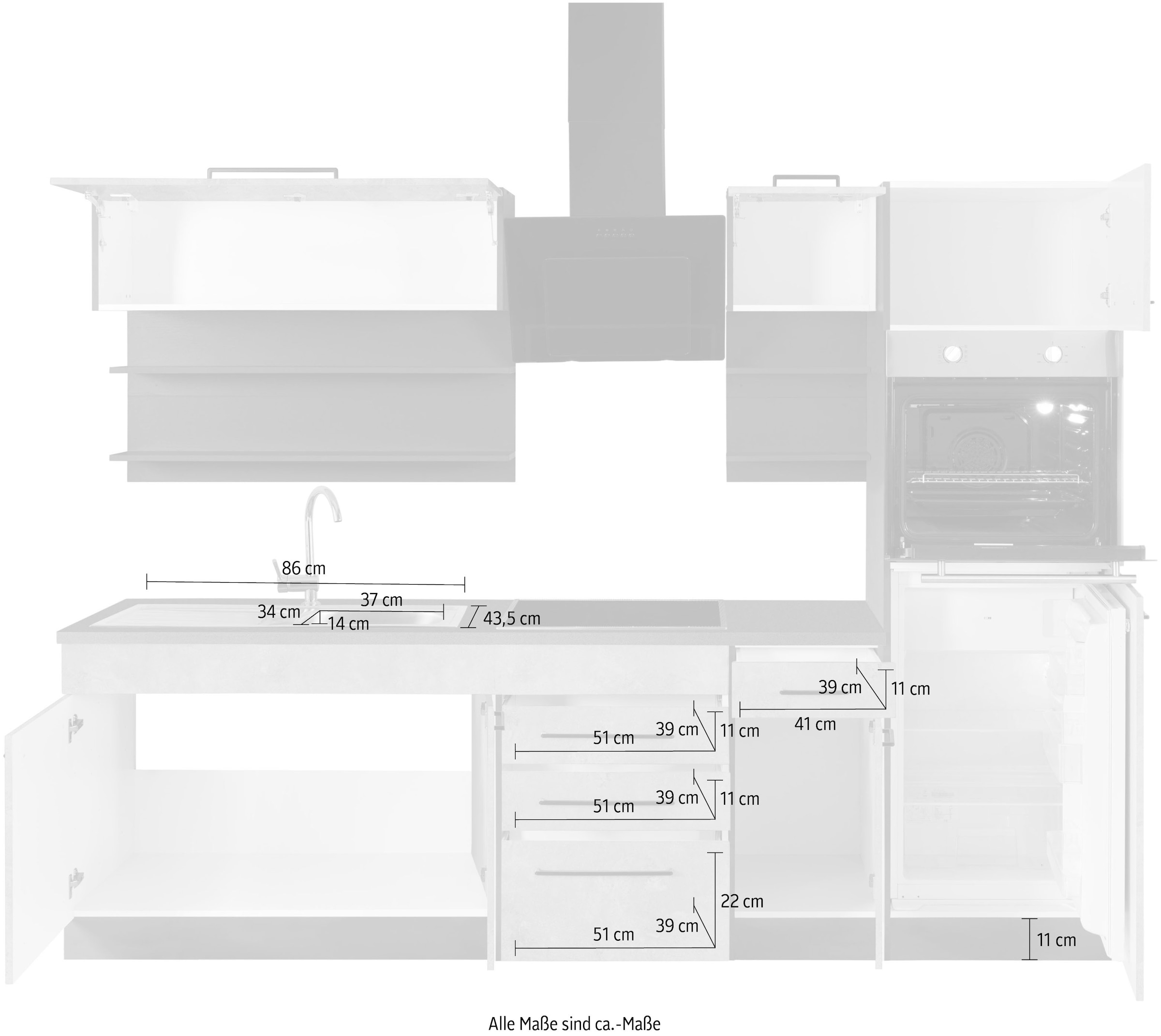 KOCHSTATION Küchenzeile »KS-Tulsa« ohne E-Geräte, Breite 270 cm, schwarze Metallgriffe, MDF Fronten