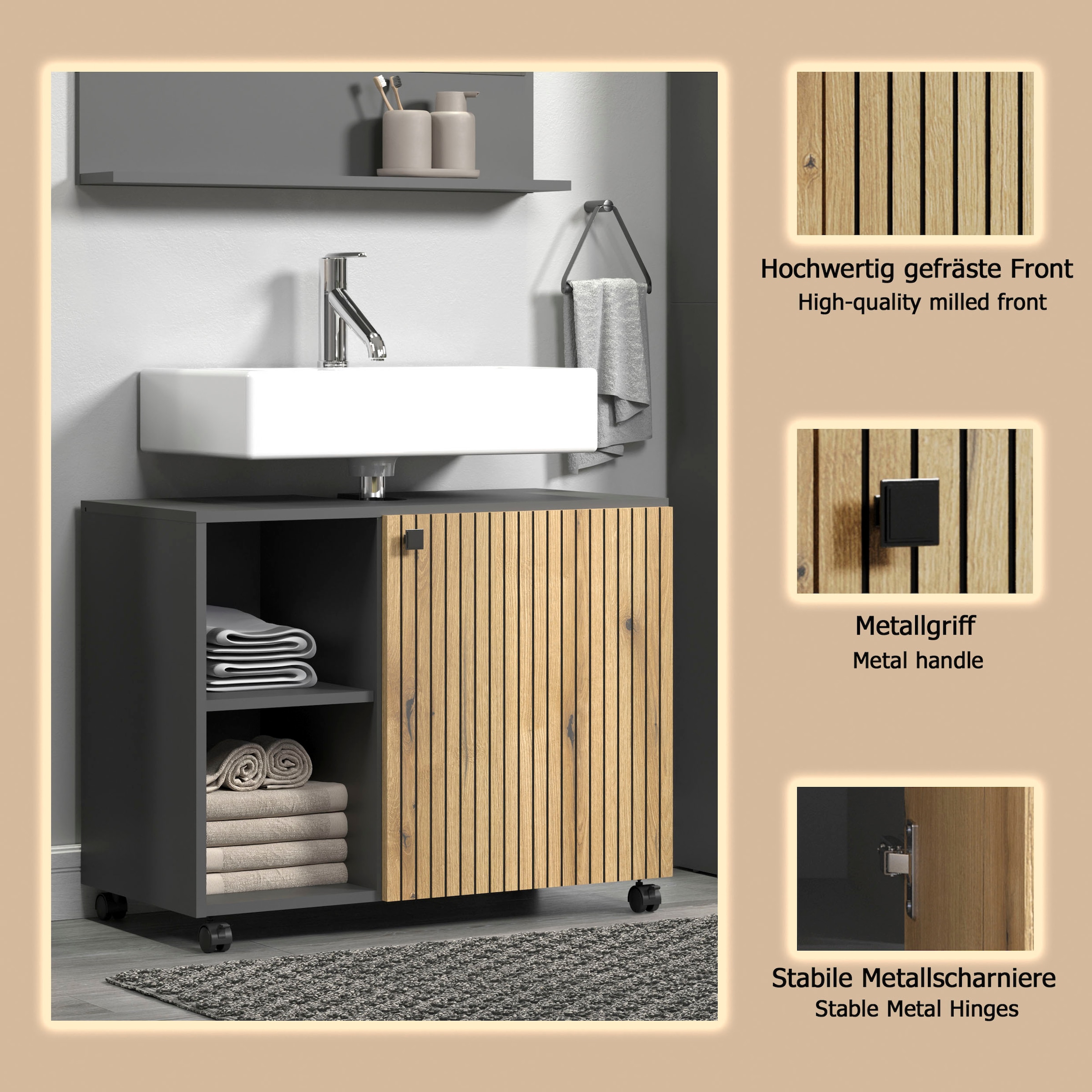 welltime Waschbeckenunterschrank »Amrum« BxHxT 80 x 64 x 42cm Waschbeckenunterschrank Eiche Rillenoptik