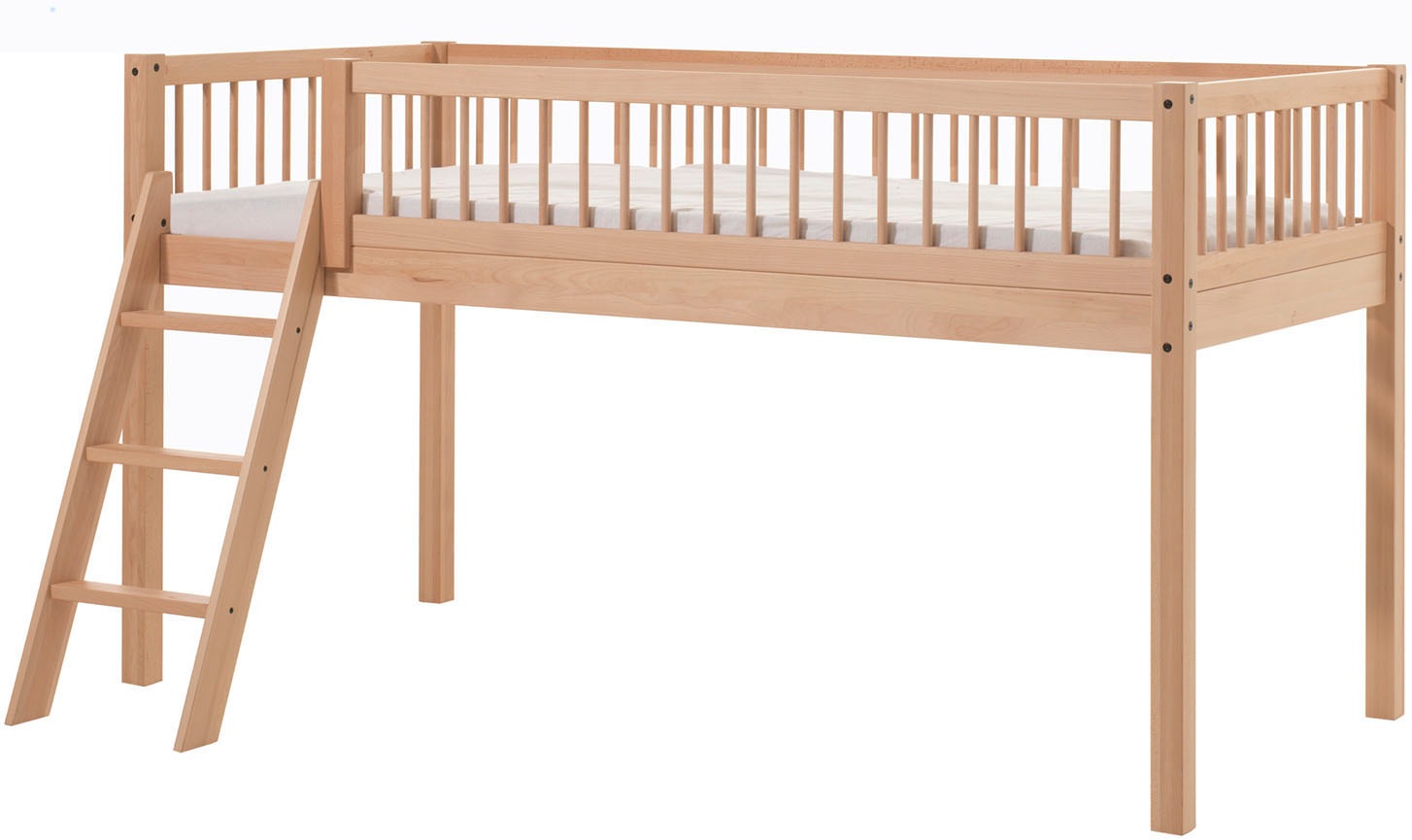 Vipack Spielbett »Forrest halbhoch mit Leiter und Absturzschutz in Sprossen-Optik« Liegefläche 90/200cm inkl. Massivholz Rolllattenrost,  ideal für das Kinderzimmer, Buche massiv natur lackiert
