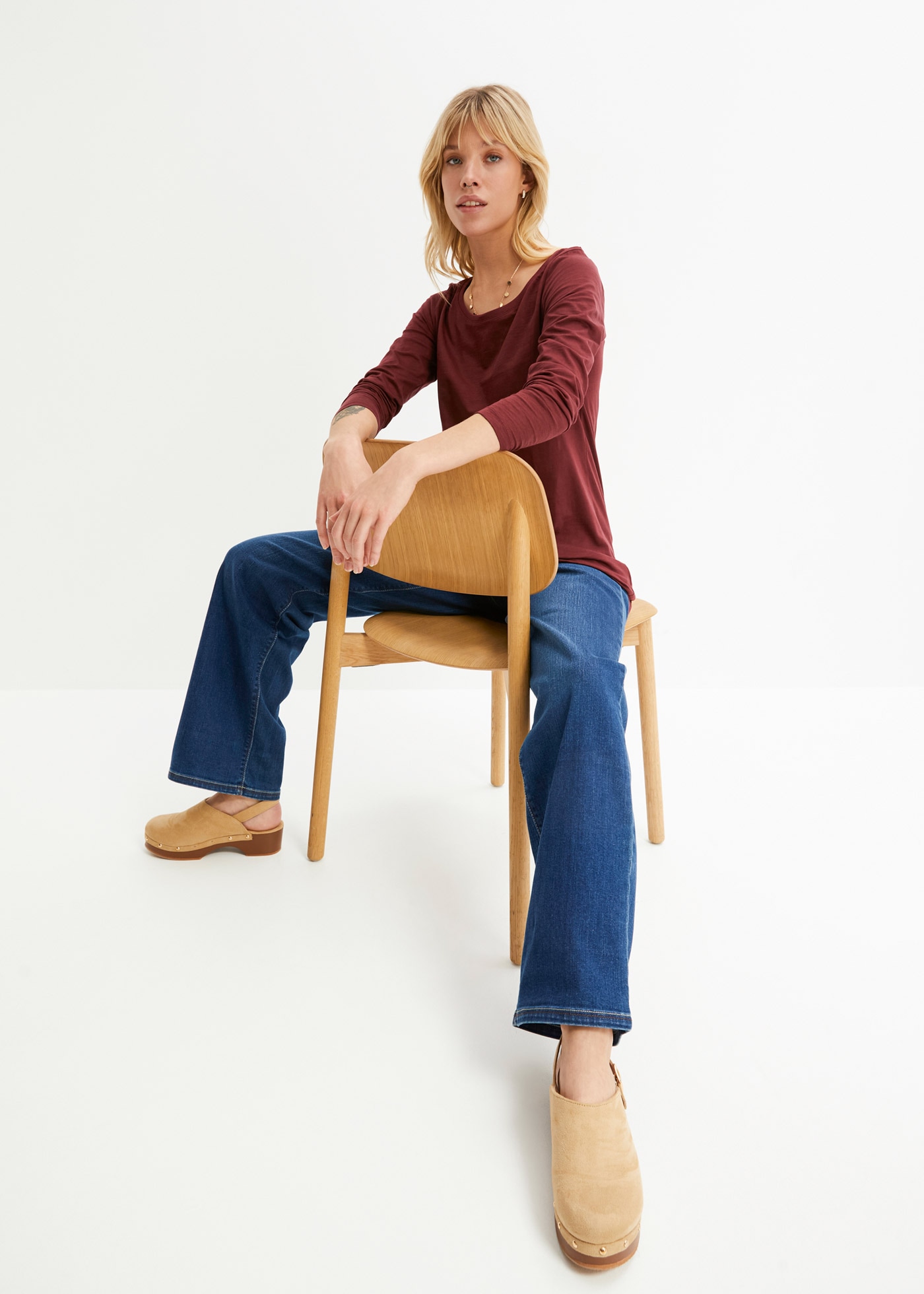 bonprix T-shirt à manches longues »Langarmshirt aus reiner Baumwolle« lockere Passform, Langarm-Design, abgerundeter Saum, aus Baumwolle