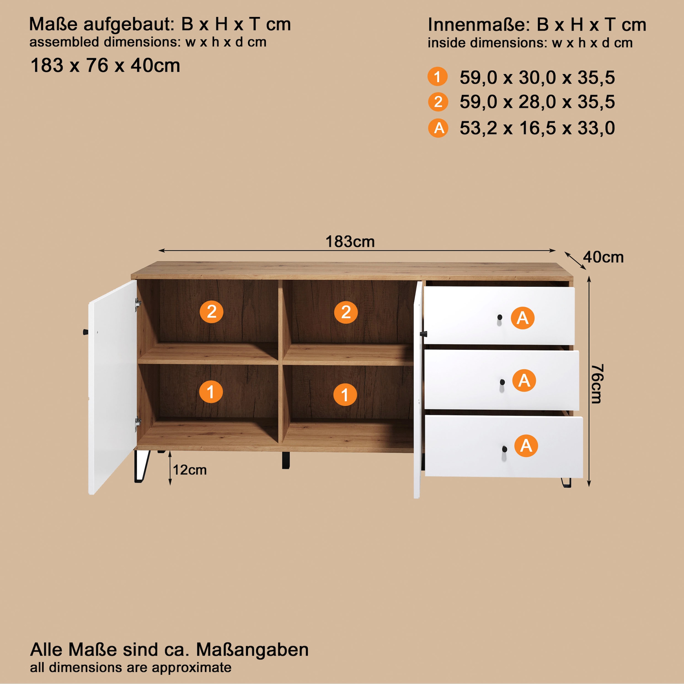 Home affaire Buffet »Tarragona« Sideboard, 2 Türen, 3 Schubkasten & Soft-Close - (B/T/H) 183/40/76 cm