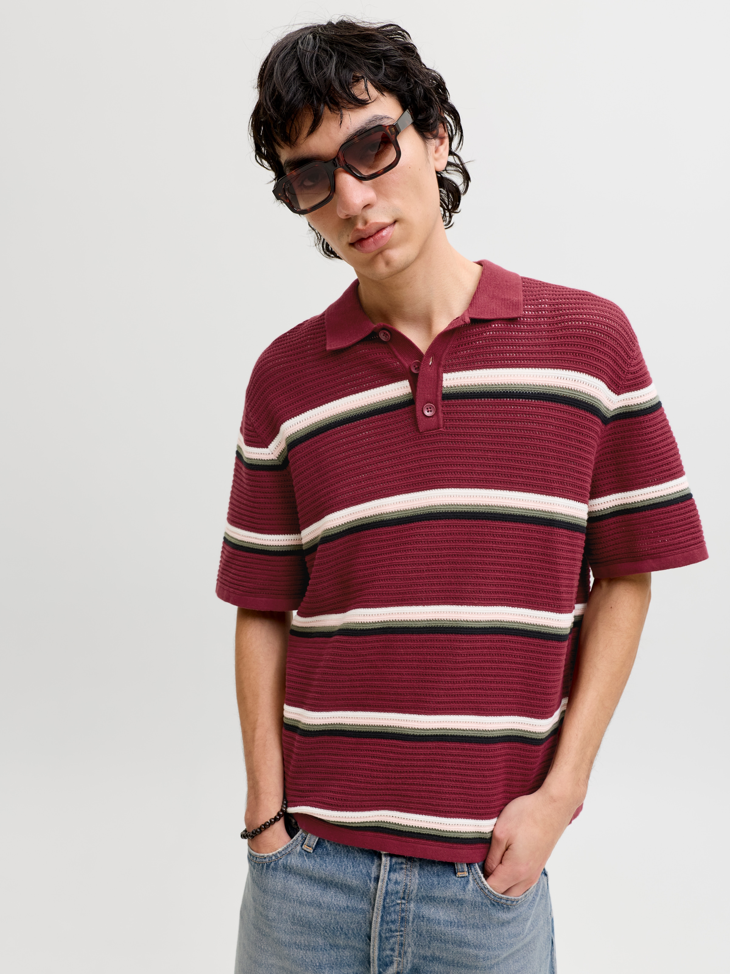 Jack & Jones Pull à col polo »JORMAINE KNIT STRIPE POLO SN« Baumwolle, relaxed fit