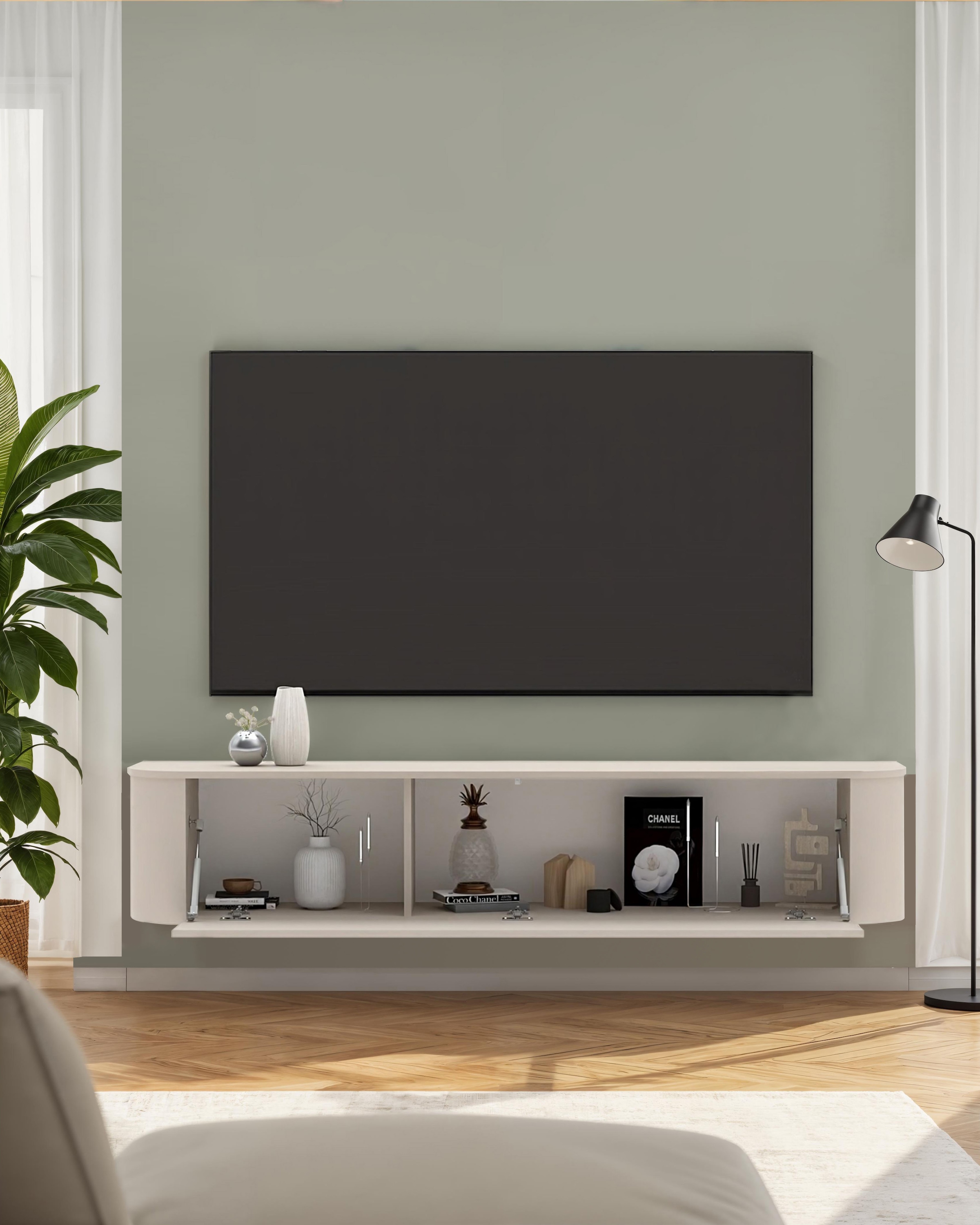 GOODproduct Lowboard »Lido, 181 cm breit, 1 Klappe, TV-Schrank, TV-Kommode, Medienboard« Formgebogenes MDF, Stirnseiten Rundung, Push-to-open, hängend/stehend