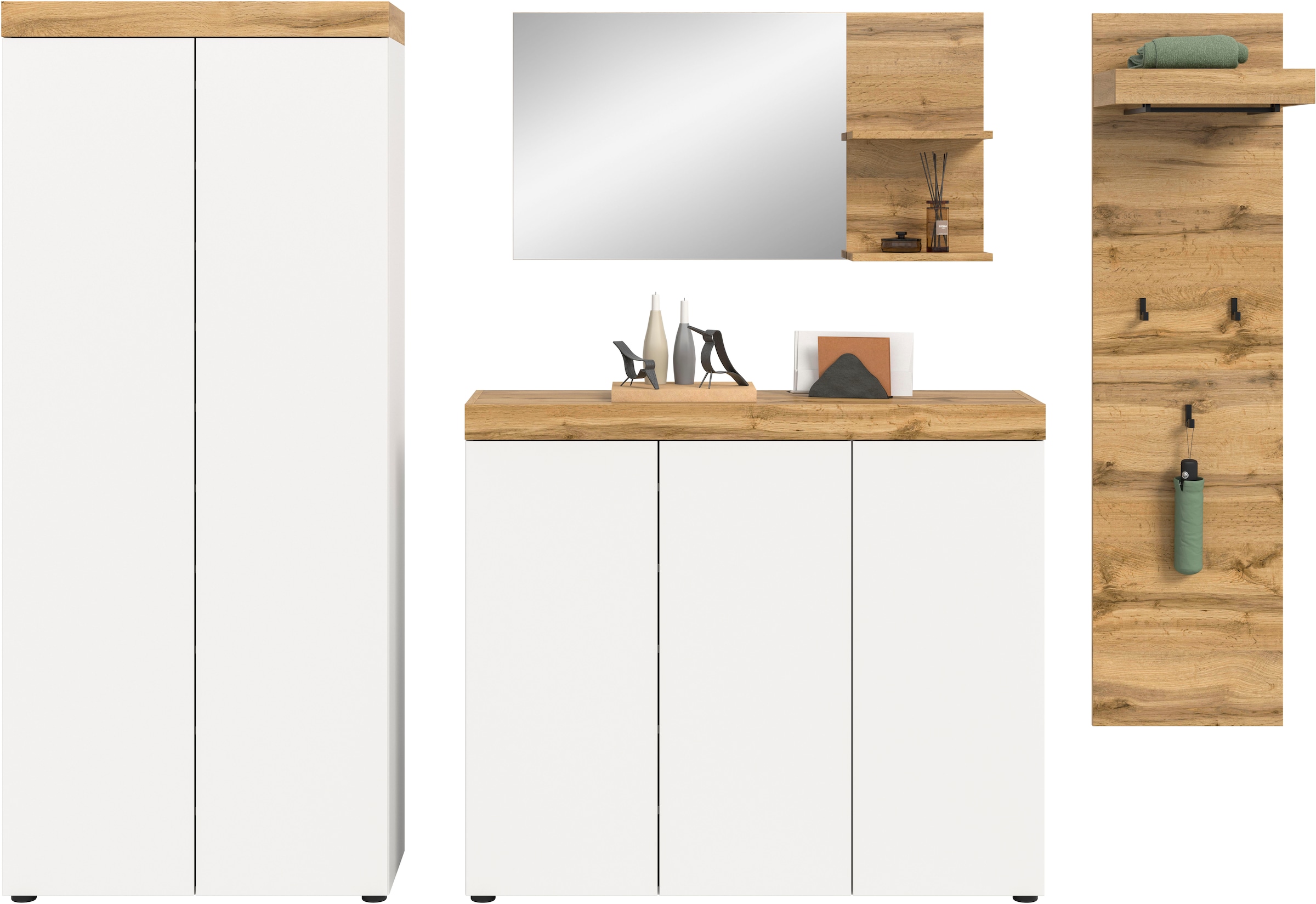 GOODproduct Garderoben-Set »MAMBO, 4-teilige Kombination, stehend & hängend montierbar« bestehend aus: Garderobenschrank, Kommode, Spiegel, Garderobenpaneel, 4 Stk. tlg.