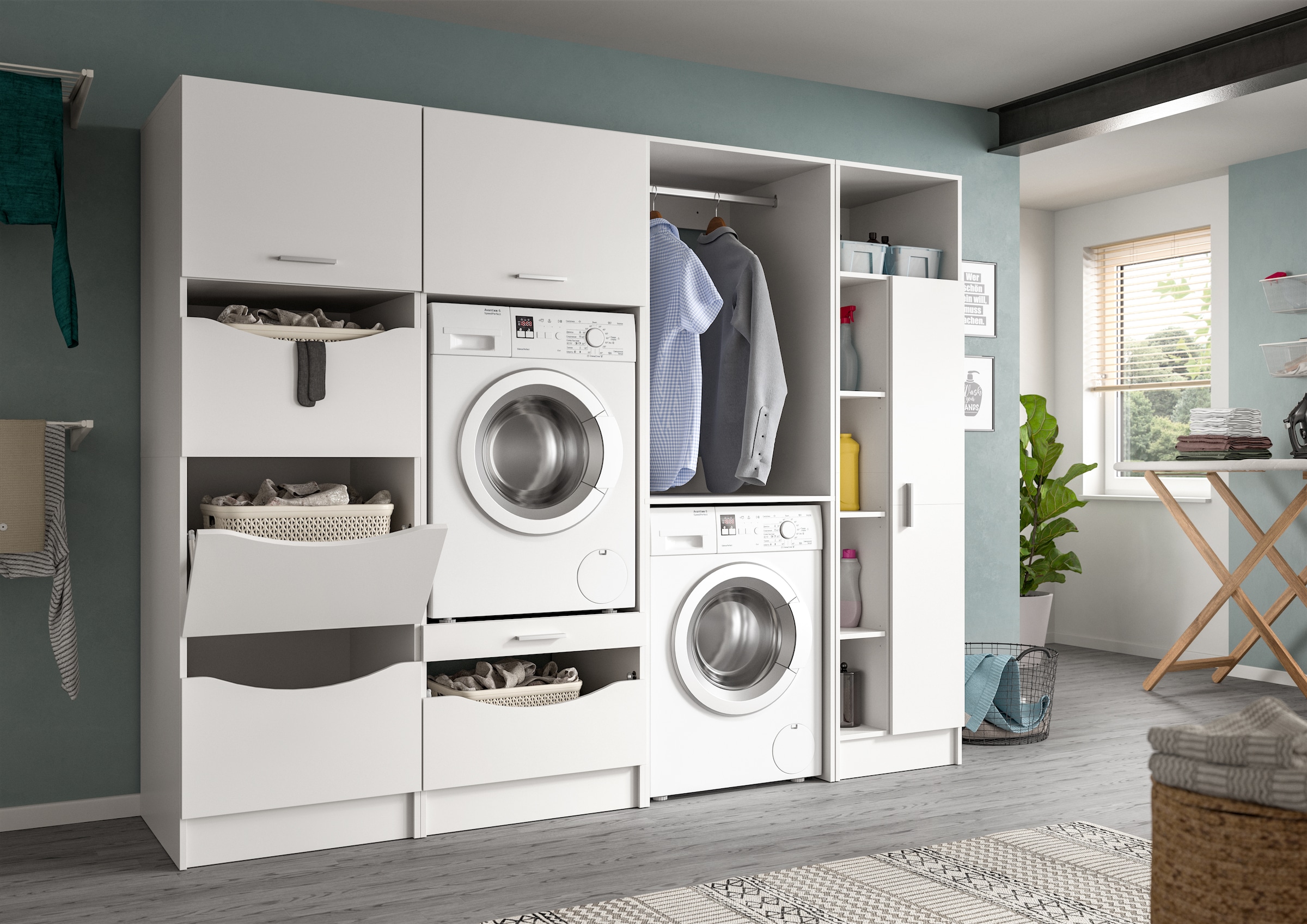 welltime Ensemble de meubles de salle de bain »FALAS, TOPSELLER!, 4-teilig, Hauswirtschaftsraum Set, Breite 248 cm« 1x Wäsche-, 2x Waschmaschinenumbau- & 1xMehrzweckschrank, 