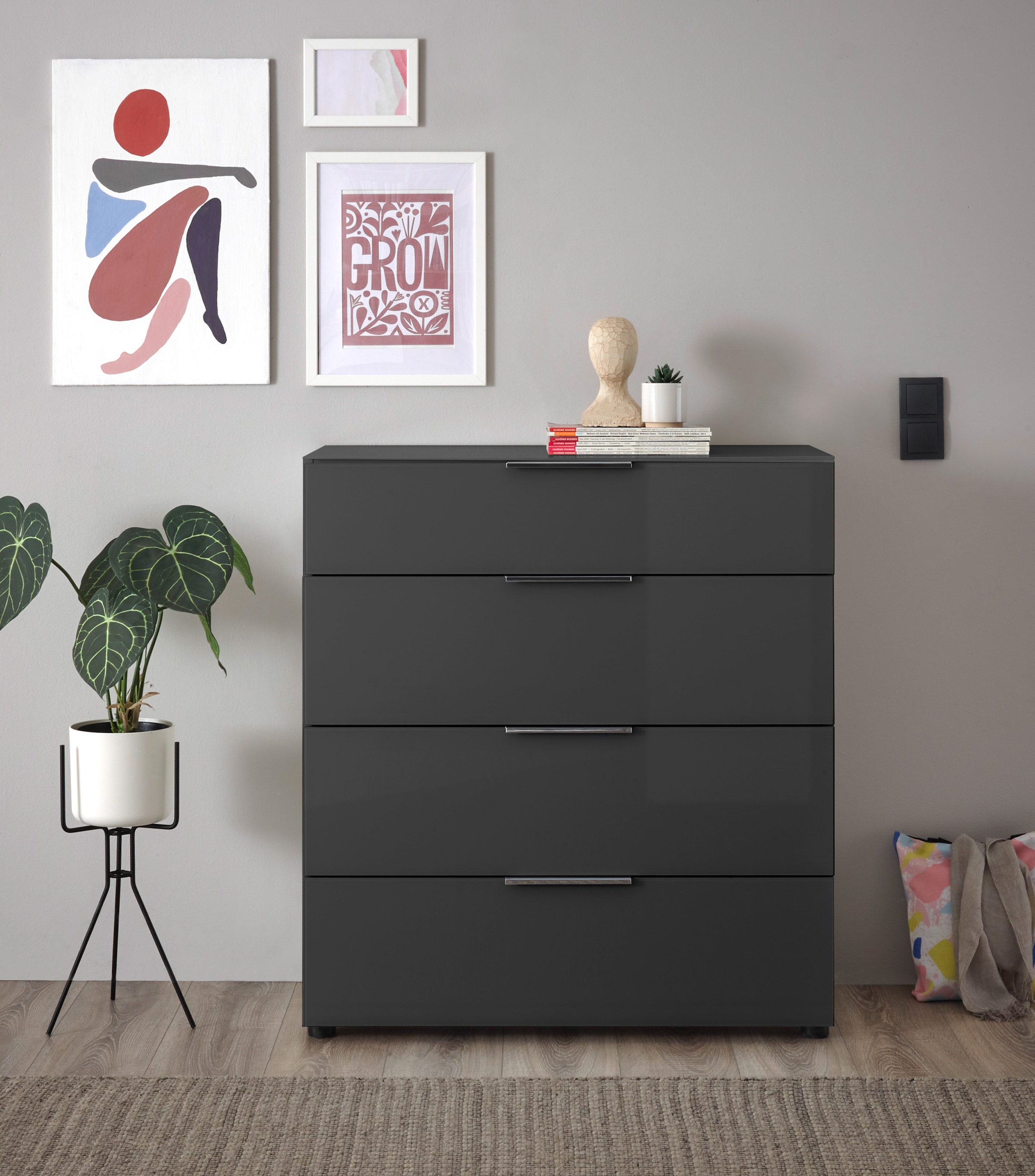 HBZ Kommode »Santorin Mehrzweckschrank mit Schubkästen, BxHxT 90x99x40 cm« 1 Stk. tlg. Mit 4 Schubkästen mit Softclose, Glasfront und Glasoberboden