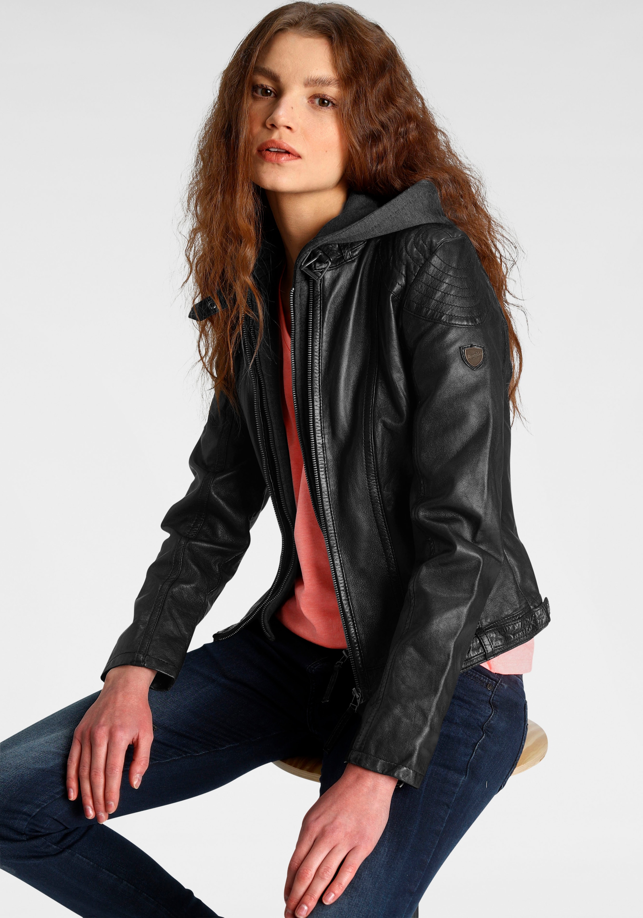 Mauritius Veste en cuir »Cacey LEGV« mit Kapuze mti Kapuze, Reissverschluss, Ziersteppung