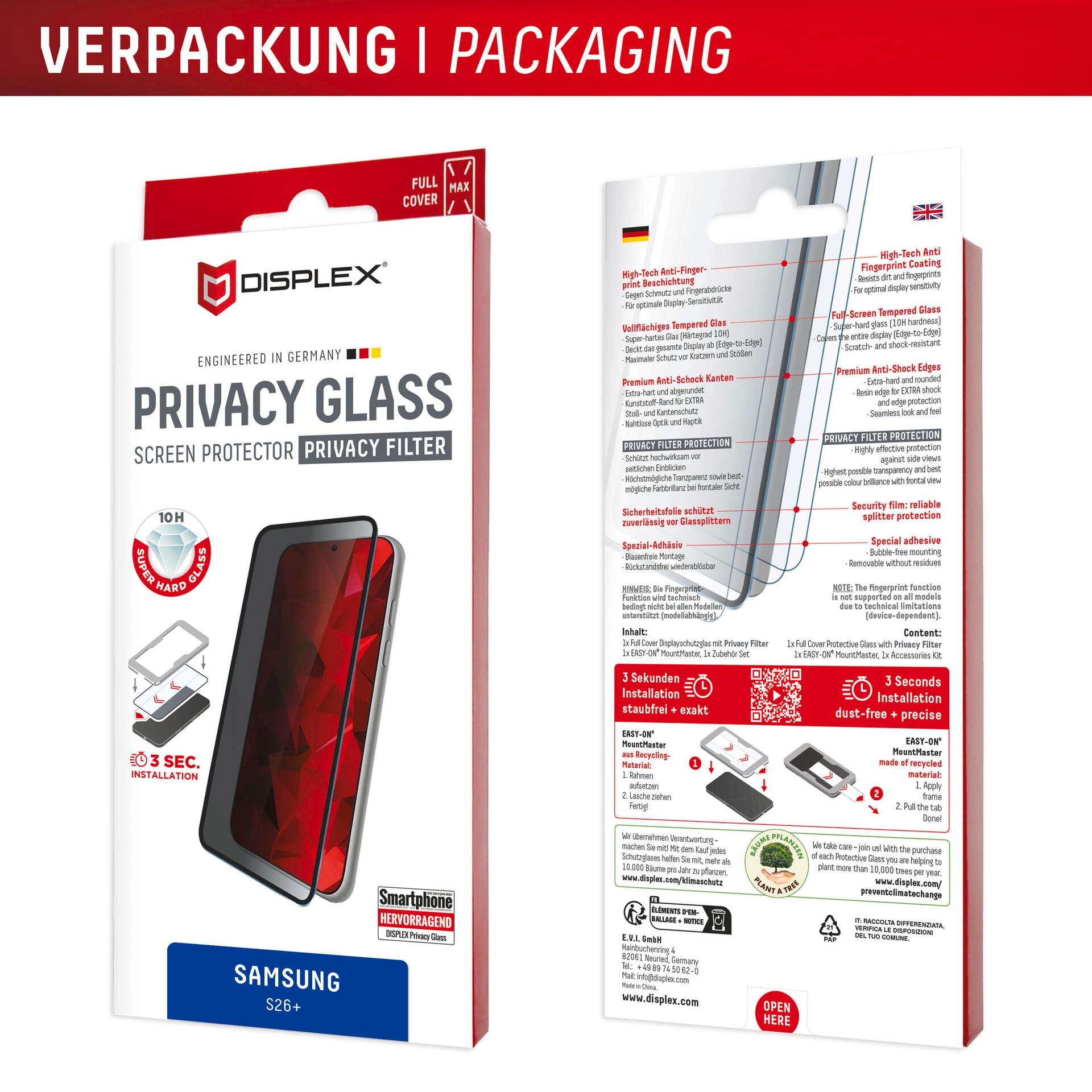 Displex Displayschutzglas »Privacy Glass Screen Protector mit MountMaster« für Samsung Galaxy S26+ Displayschutzfolie, Schutzfolie, Bildschirmschutz, kratz- & stossfest