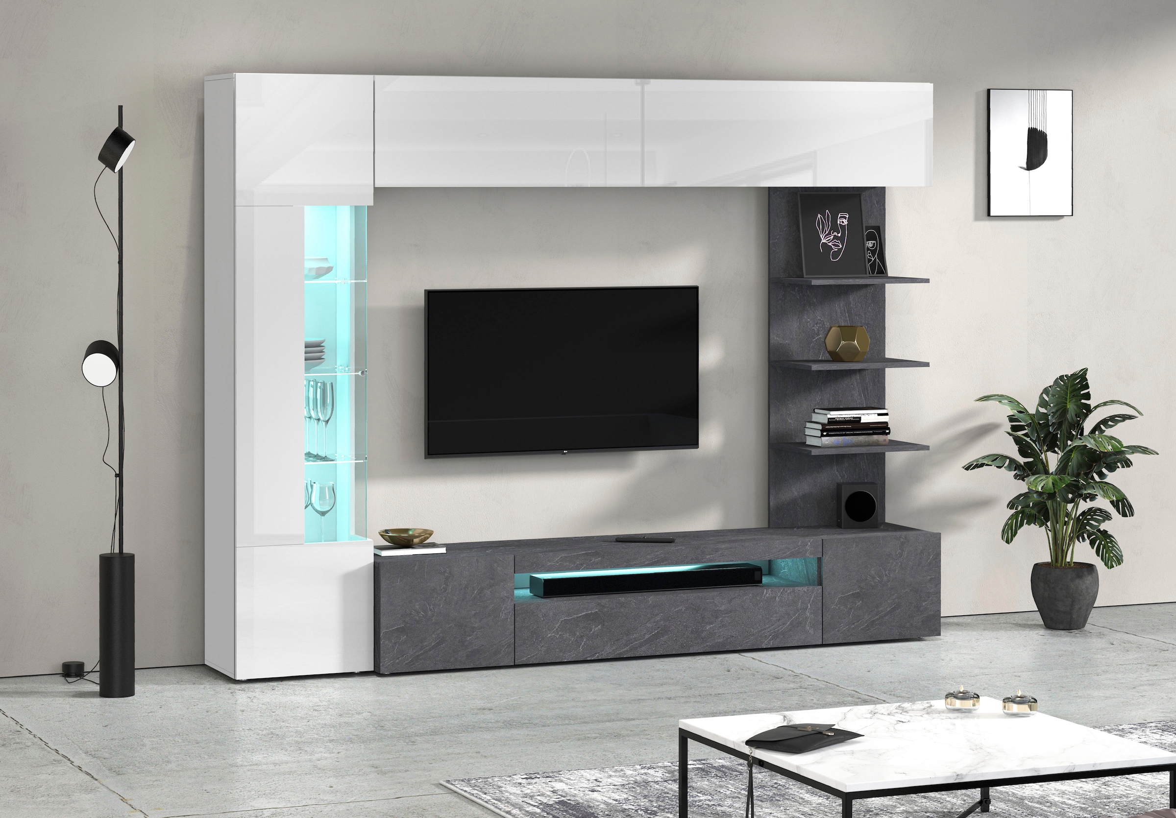 GOODproduct Meuble mural »Wohnwand New Egypt, Anbauwand, Medienwand, Wohnzimmerwand« Blanc laqué, toutes les autres couleurs en finition mate., 4 cuis tlg.