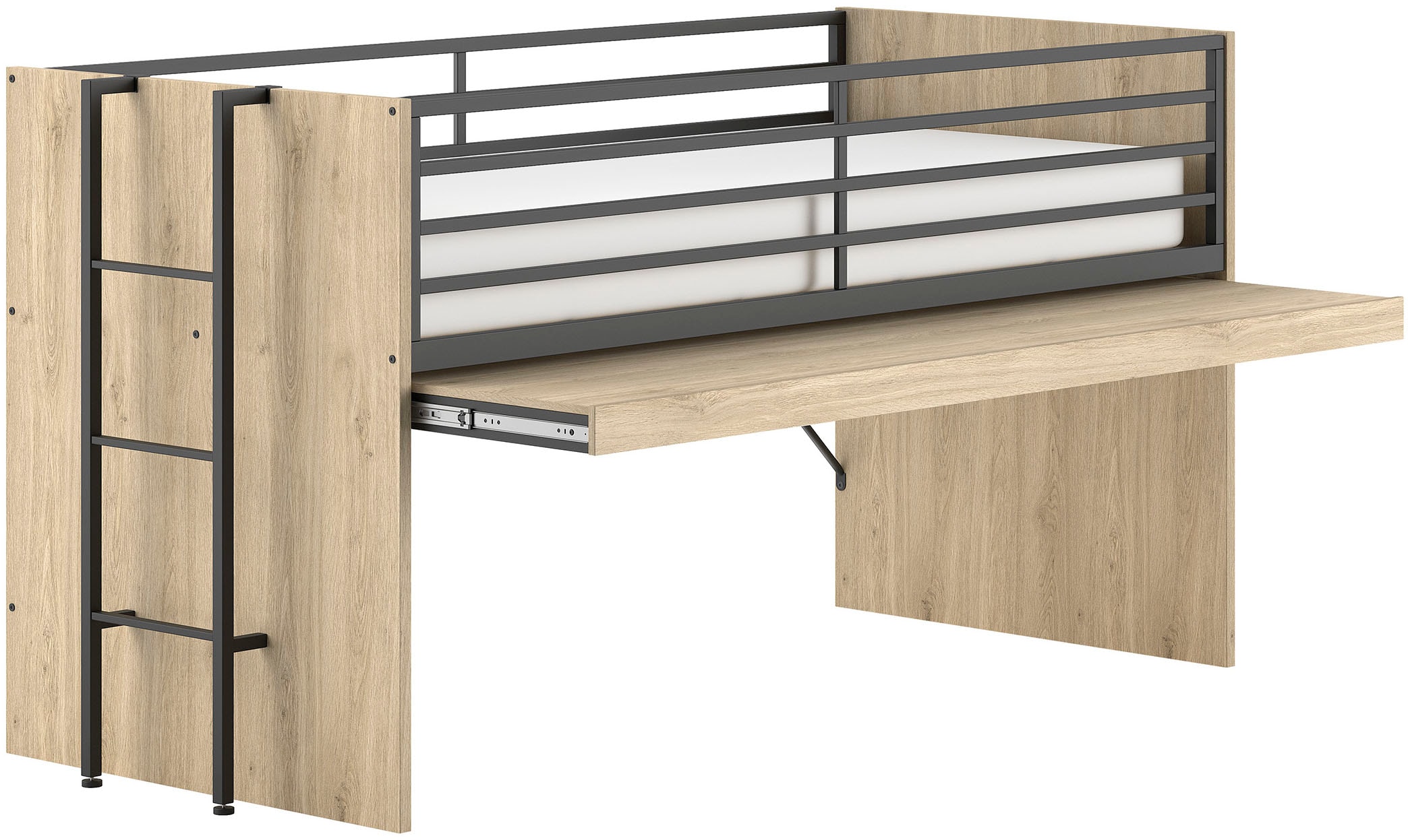 Vipack Hochbett »Sam, schlafen und arbeiten in einem, wahlweise Eiche- oder Weiss-Dekor« Liegefläche 90x200 cm, darunter eine grosse ausziehbare Schreibplatte,  Inkl. Absturzschutz u. Leiter, pflegeleichte Dekor Oberfläche